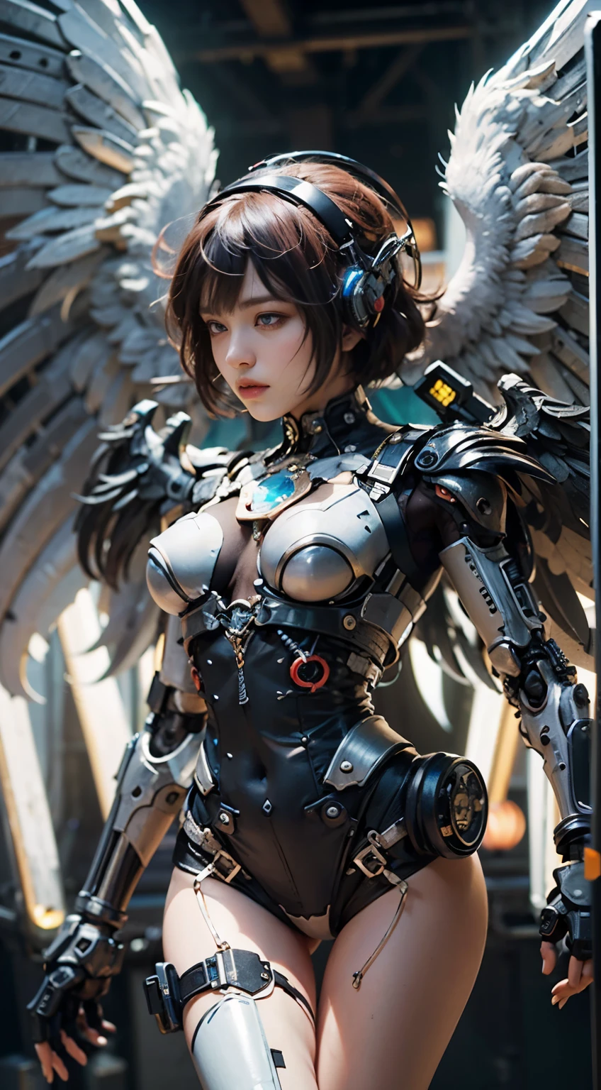 (top-quality:1.2, masterpiece)、ultra high resolution、extremely ultra surrealism, (Photorealsitic:1.4)、Raw photo、(Steampunk Battle Cyborg fallen angel)、large wings made of metal、black porcelain body、red  hair、glowy skin、1 Cyborg girl、(mechanical frame:1.3)japanese, extremely cute face,  ((super realistic details))、portrait、globalillumination、Shadow、octan render、8K、ultrasharp、character edge light、Details of complex ornaments、Acrylic Clear Cover、Sumerian details、Hydraulic cylinder、Small LED lamp、highly intricate detail、Realistic light、a purple eye、radiant eyes、Facing the camera、neon details、cowboy  shot、Futuristic headgear、About Cyberpunk