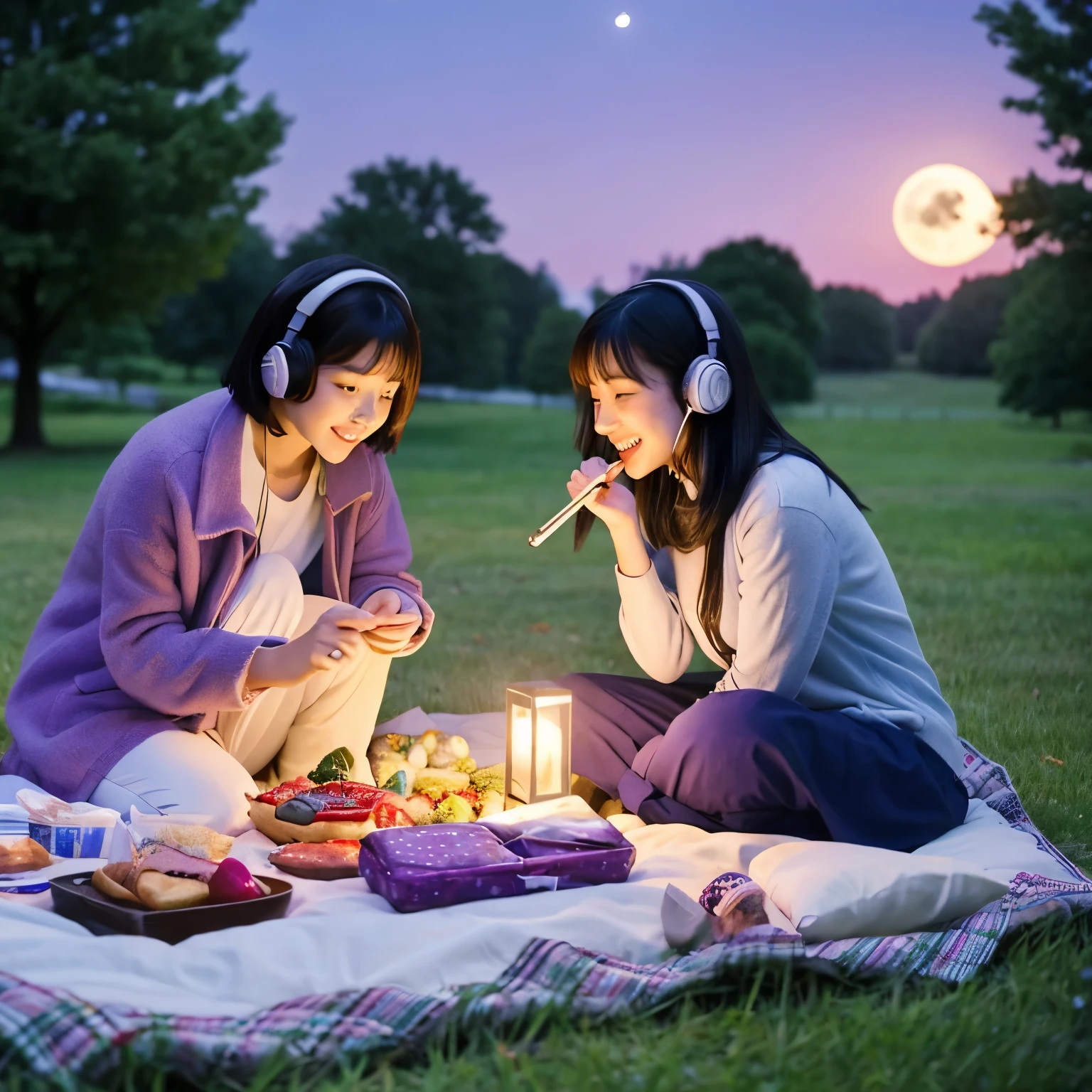 Two women having a picnic in the park at night The woman on the right has short hair.、Writing something in a notebook The woman on the left is listening to music with headphones There's a moon in the sky Purple butterfly々There are seven flying black hair smile Korean style