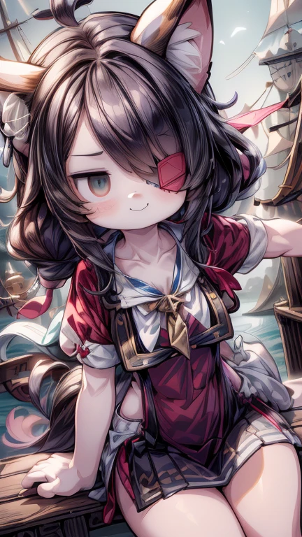 #quality(8k,wallpaper of extremely detailed CG unit, ​masterpiece,hight resolution,top-quality,top-quality real texture skin,hyper realisitic,increase the resolution,RAW photos,best qualtiy,highly detailed,the wallpaper),solo,#1catgirl(cute, kawaii,small kid,hair color red,braid hair,messy hair,eye color cosmic,big eyes,smile,have an eyepatch:2.0,smirk,pirates,dynamic angle:1.4,),#background(on the wooden ship,beautiful sea,simple),(dynamic angle:1.6),draw human hand very correctly,only two arms