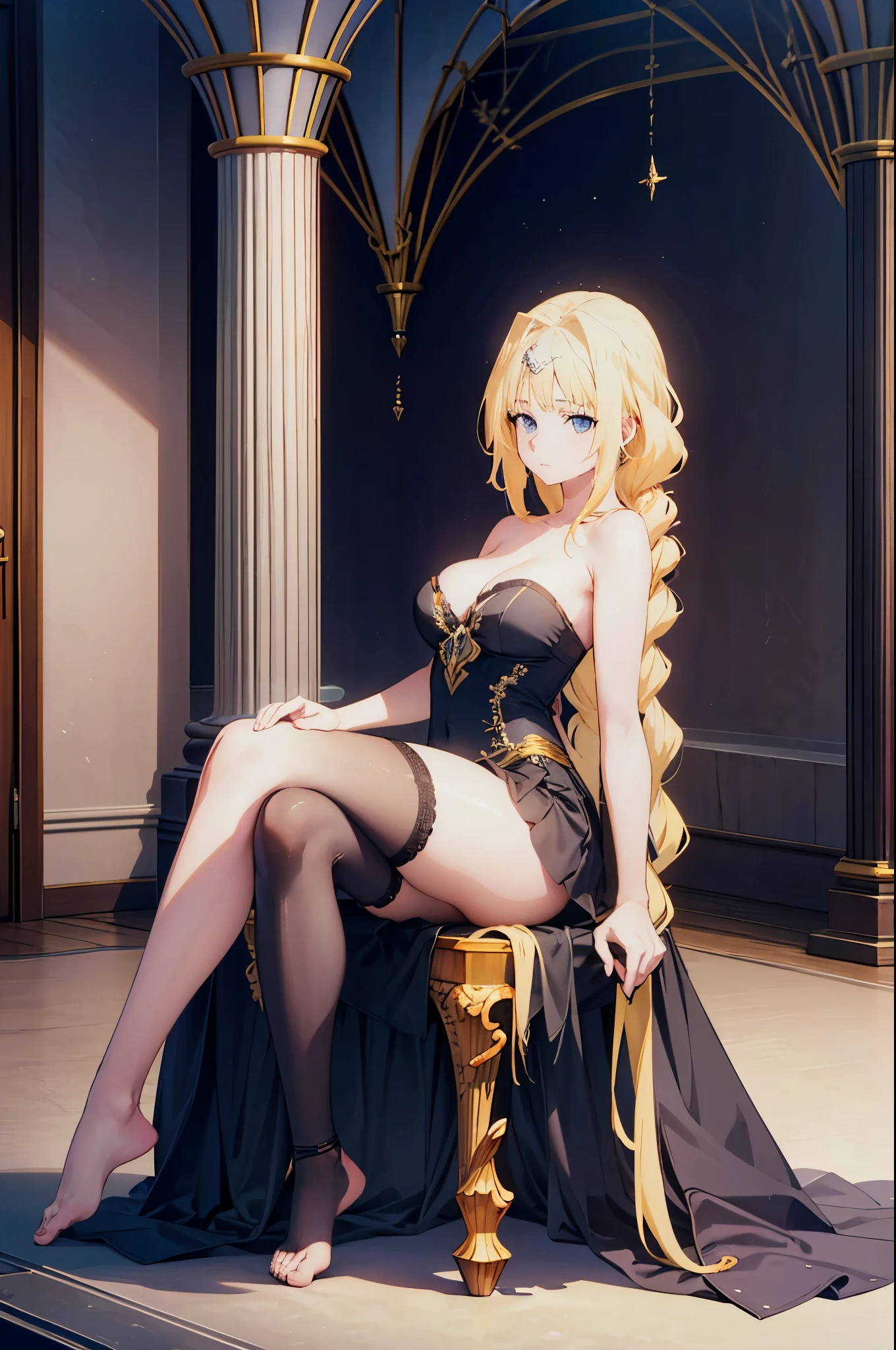 Realistic image, detailed image, coherent image. 1 beautiful girl. She has long, straight hair with braids, blonde in color. Blue eyes, with long eyelashes. Sensual expression. She is dressed in a strapless top, pleated mini skirt. She has a curvy body, medium breasts, thick thighs. She is lying down showing her legs open. showing her feet, throne room, inside a castle. View from behind. Arching her back. Soft focus, Dramatic shadows, Volumetric lighting, natural lighting. ISO:100,