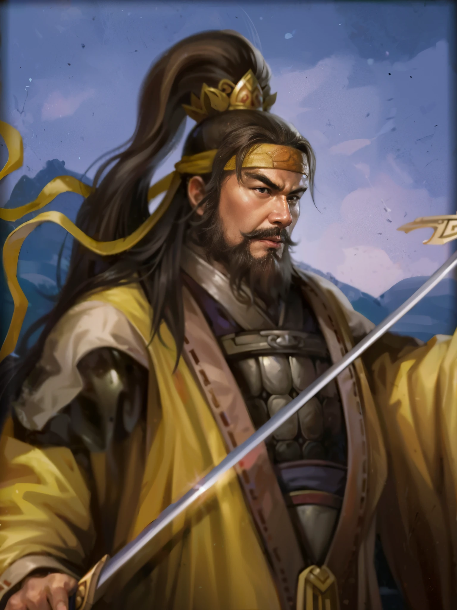 A painting of a man with a sword and a hat, Guan yu, inspired by Wu Daozi, bian lian, Inspired by Hu Zaobin, Inspired by Huang Shen, xianxia hero, Inspired by Cao Zhibai, Inspired by Wu Bin, Three Kingdoms of China, from the three kingdoms, feng shu, heise jinyao, liang xing