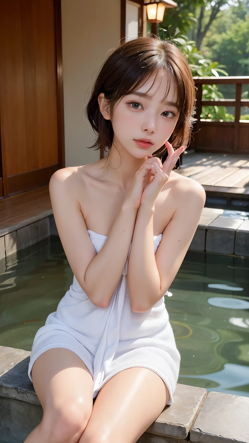 (night:1.7), east asian architecture, 1 female,sitting on the tatami, brunette colored hair,(eyeの間の毛), lip flap, (:1.3),(beautiful shiny straight short long:1.3),beautiful fingers,beautiful long legs,beauty body,cute nose,beautiful character design,完璧なeye,完璧なface,looking at the viewer,(innocent_big_eye:1.0),(light_笑face:0.3),official art,Highly detailed CG Unity 8K wallpaper、bright_front_face_lit,(master piece:1.0),(Highest_quality:1.0), 超A high resolution,4k,super detailed, photo shoot, 8K, nffsw, High resolution, absurd:1.2, kodak portrait 400, film grain, lens flare glow, (beautiful_face:1.5),8K,Raw photo, 、Relax in a Japanese hot spring inn、(The subject is the first hot spring trip with a girl:1.3) (Draw an open-air bath more widely:1.2) (girls are not subjects:1.3) The hotel room is messy (Girl standing on balcony:1.3) (hair after bath:1.3),((I was naked and placed a small handkerchief towel next to him.:1.3)) ,(hair is wet:1.3),((beautifully depicts depth and width:1.3)),((An open-air bath surrounded by a Japanese garden and giant rocks, With just two small lights.:1.3)),((You can see a beautiful starry sky.:1.3))(Hide your erogenous zones with a small handkerchief towel in the open-air bath:1.2)(girls are not subjects:1.3),((white and soft skin:1.3)),(((Looks like a whole body:1.3))(We have beds for sex.:1.2)the girl is naked in bed((The open-air bath is a wooden bathtub surrounded by large natural stones..:1.3))