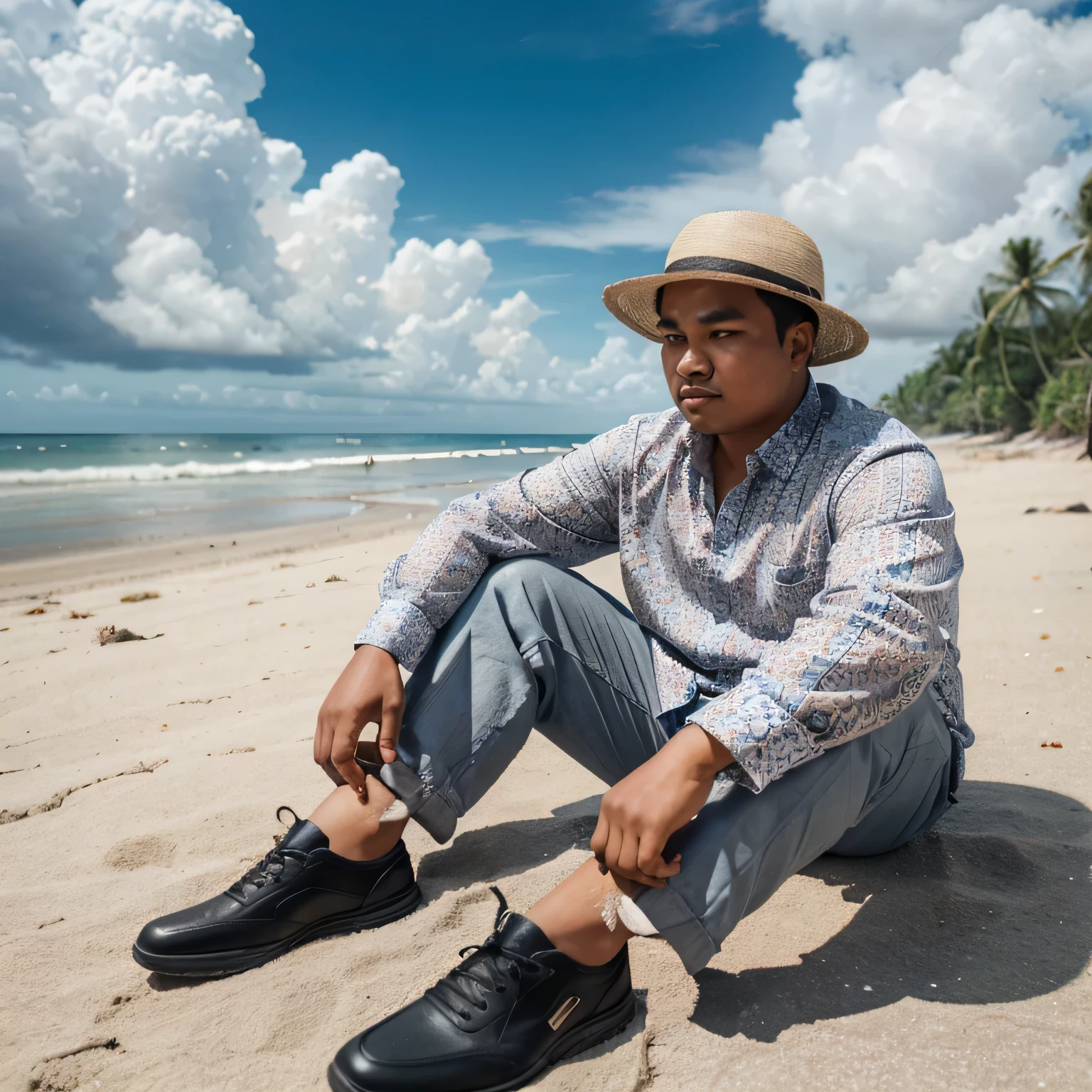 A young Indonesian man is a little fat, wearing a shirt and trousers, invisible shoes, wearing a hat he found on the road, sitting not on the side of the road but on the beach, sullen expression because he ran out of money to buy Eid clothes, beautiful beach and clouds in the background white with a blue sky as blue as my love, realistic, hd, hdr, 4k, mp3, mp4, 3gp