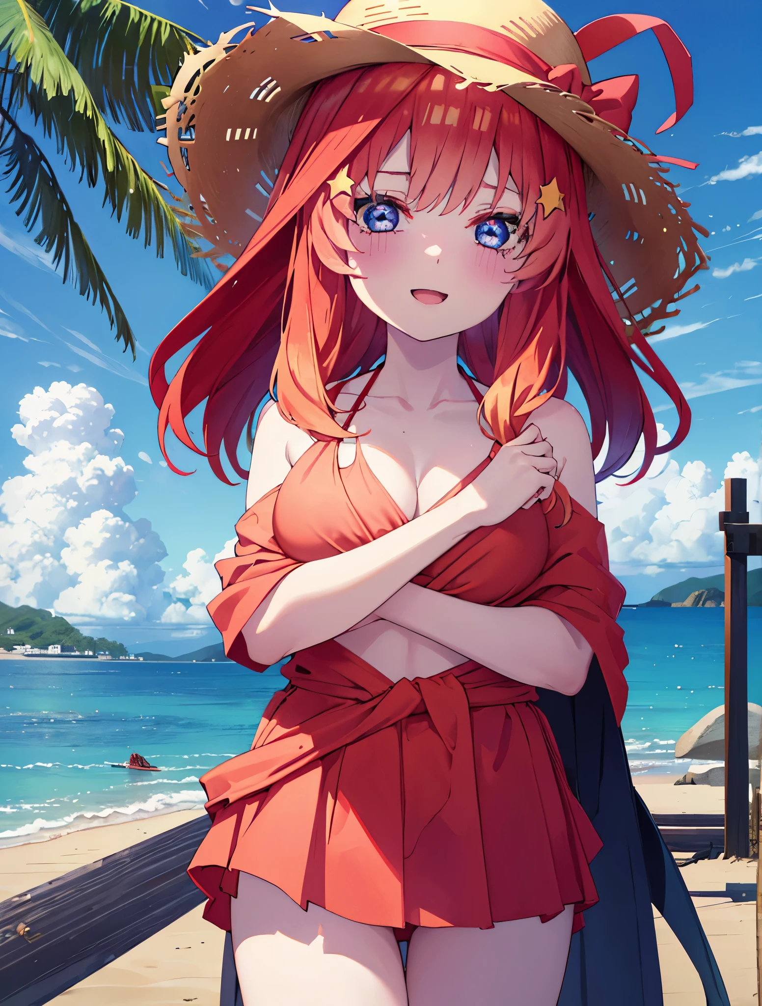 itsukinakano, itsuki nakano, bangs, blue eyes, hair between eyes, Ahoge, redhead, star \(symbol\), hair ornaments, star hair ornaments,happy smile, smile, open your mouth,skirt,big straw hat,Red Bikini Swimsuit,naked belly,A light red blanket is wrapped around his waist..., (beach salon), big breasts,((salon)), beach outfit,real summer,Palm tree,Belly button soup,
break outdoors, beach,
break looking at viewer, (cowboy shot:1.5),
break (masterpiece:1.2), highest quality, High resolution, unity 8k wallpaper, (shape:0.8), (fine and beautiful eyes:1.6), highly detailed face, perfect lighting, Very detailed CG, (perfect hands, perfect anatomy),