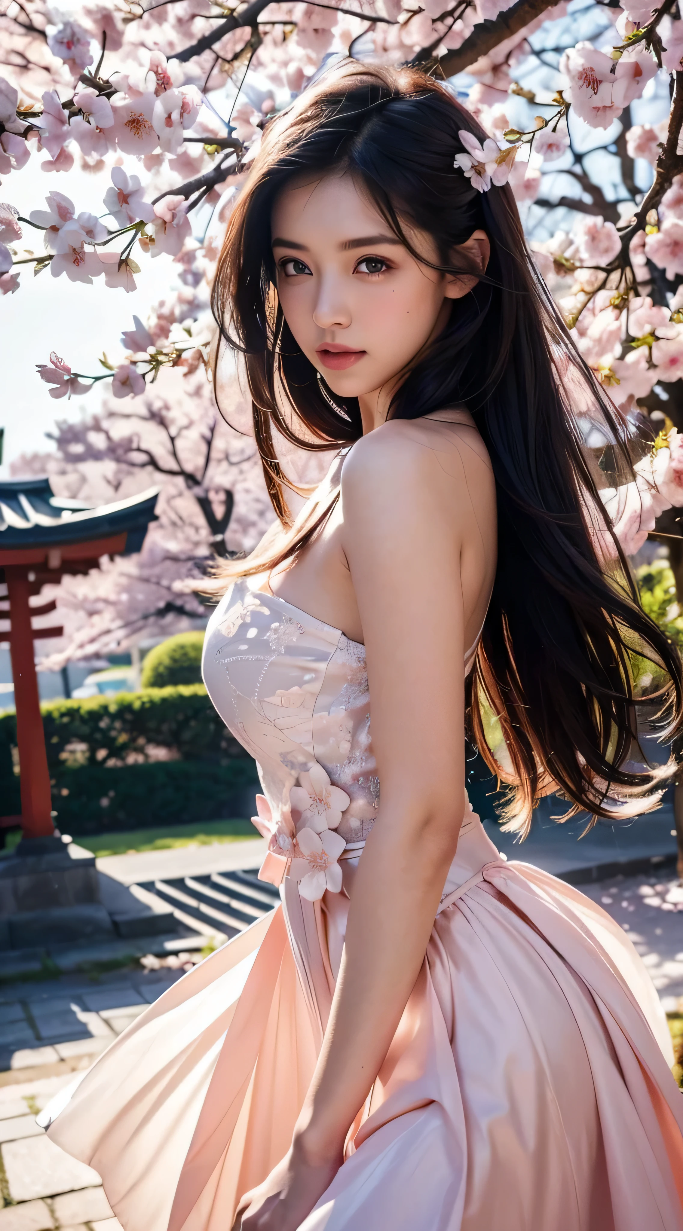 {{{masterpiece}, }}, {Highly detailed CG Unity 8k wallpaper}, wonderful, finely, alone, {{Floating Hair}, }, {{cherry blossoms}, }, Outdoor, null, {{Wind}, }, Detailed Background, finelyて美しい目, See-through:Evening Dresses:0.3, Cleavage, Bright Eyes, {{whole body}, }, Dynamic pose, Dynamic Angle, Cleavage, Looking at the audience, Quality clothing, Cinema Lighting, close, Highest quality