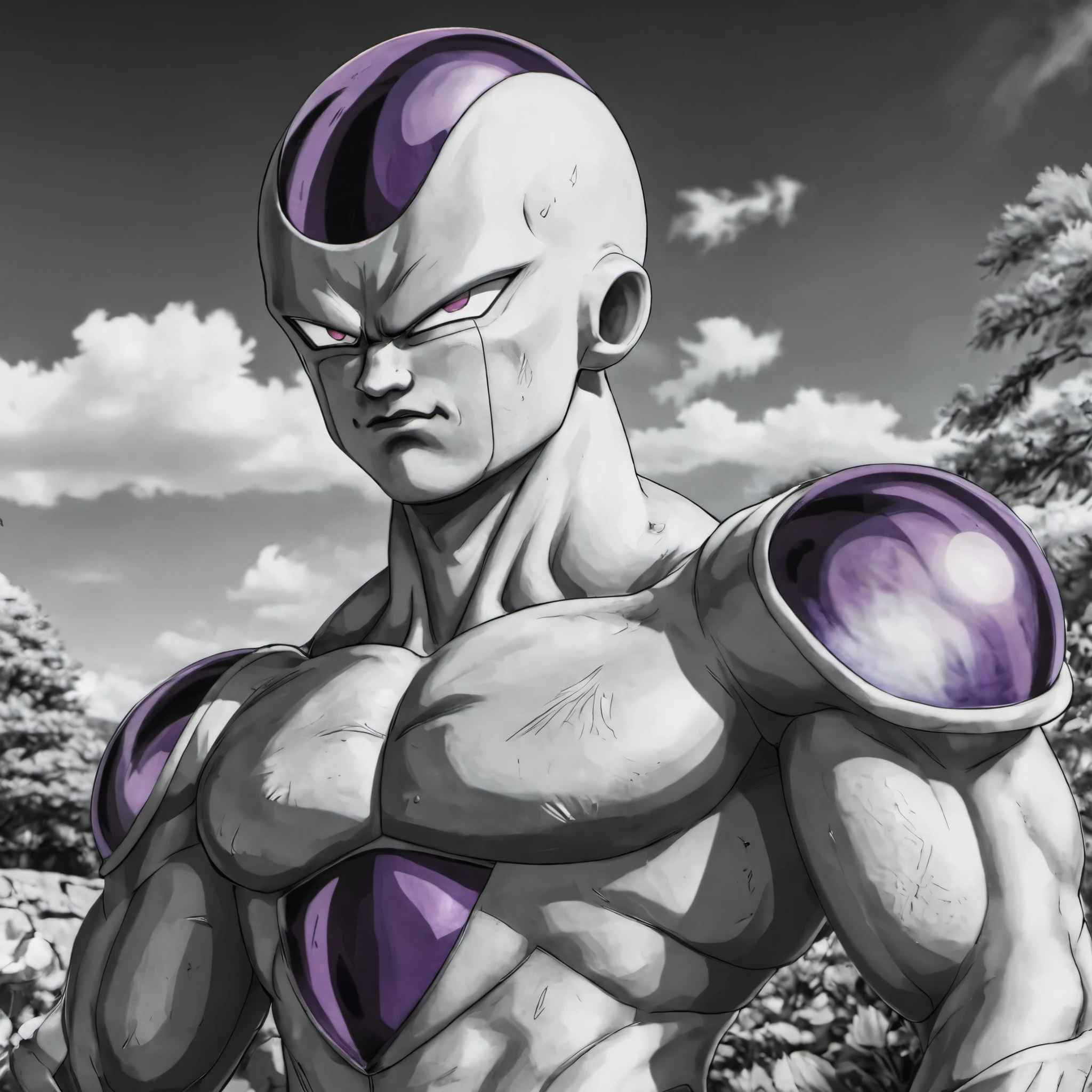 The image shows a powerful and fascinating character from the Dragon Ball series, Freezer. His intimidating appearance and defiant attitude convey a sense of strength and determination. The image captures the essence of this iconic villain, with his imposing physique and piercing gaze that seem to challenge anyone who stands in his way. It is a visually impressive high definition representation of this iconic character from the Dragon Ball franchise, set in space in the background