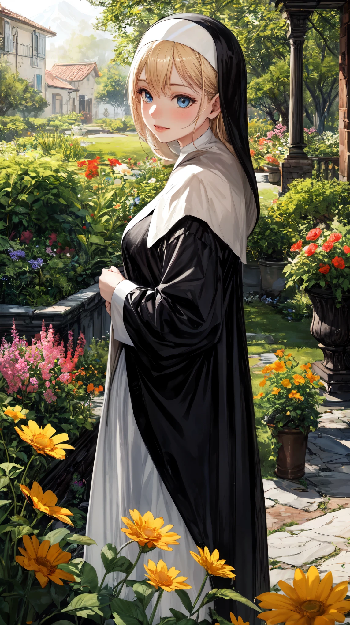 A girl dressed as a ((nun)), standing in a peaceful garden, surrounded by vibrant flowers and tall trees. The girl has serene blue eyes that reflect her inner wisdom and a gentle smile on her lips. Her face is beautifully detailed, with long eyelashes that enhance her captivating gaze. She wears a traditional black habit, which adds to the solemnity of the scene. The garden is bathed in warm sunlight that casts soft shadows on the ground. The overall image quality should be of the highest standard, with ultra-detailed elements and a realistic, photorealistic rendering. The colors should be vivid, with an emphasis on rich tones that add depth and atmosphere. The lighting should be carefully orchestrated to highlight the girl's presence and create a calm and peaceful ambiance. This artwork should evoke a sense of tranquility and contemplation. To enhance the artistic style, incorporate elements of religious symbolism and use a medium that resembles an oil painting.