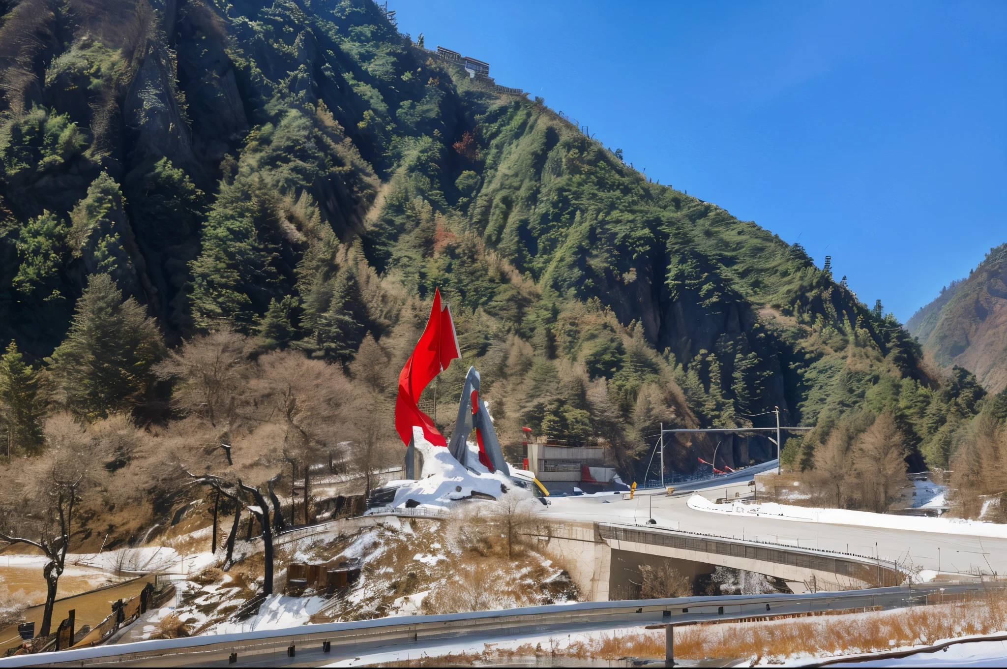 (Realistic : 1.0), Realistic lighting, HD details, A sculpture of a red flag sits beside a motorway in China's Sichuan province, in heavy snowfall, with green mountains and forests of snow behind them. In front of them, there is a long concrete bridge. There is a realism to this photo