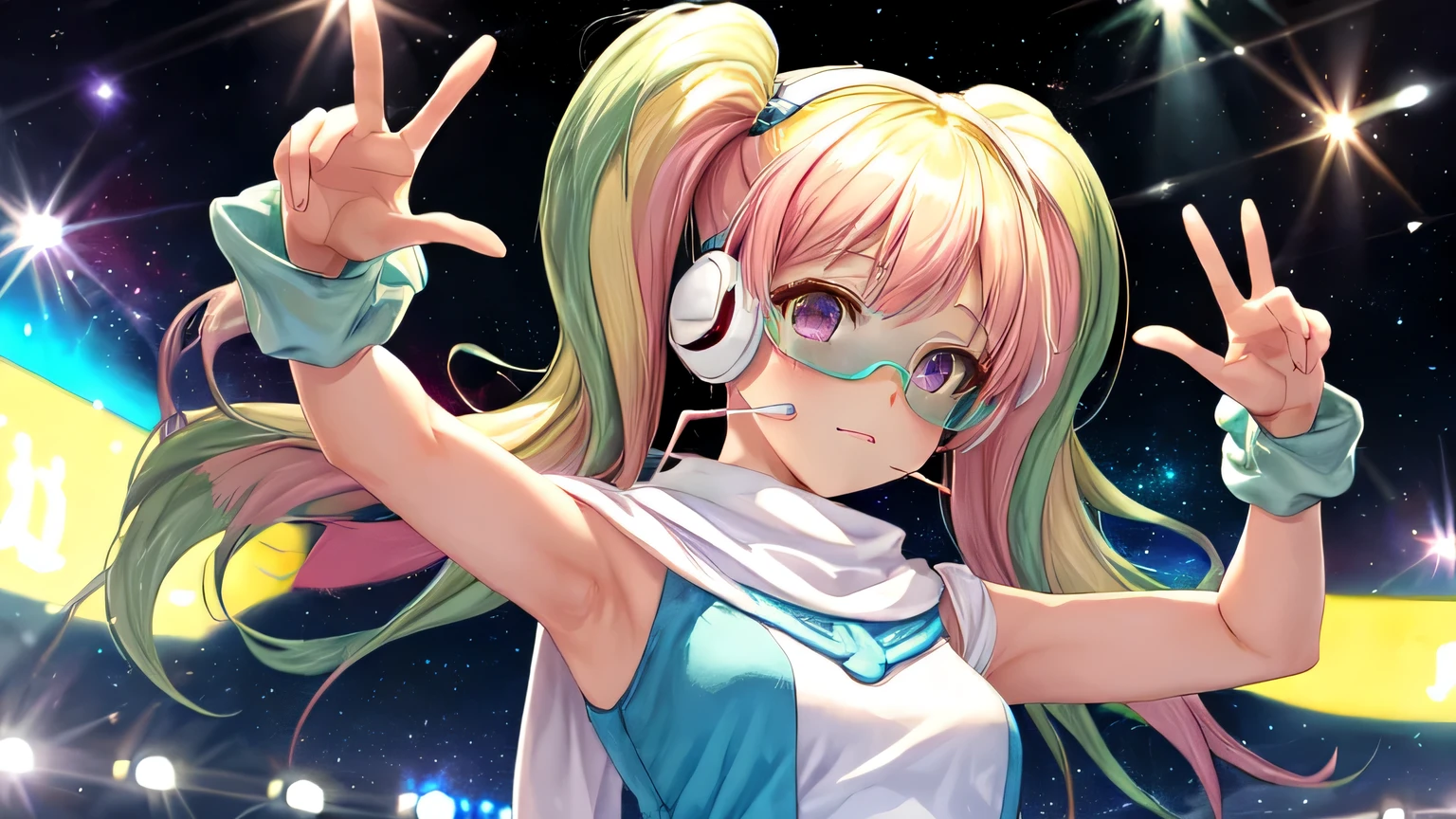 highest quality, masterpiece, High resolution, be familiar with, digital artwork, HoshinoSora, twin tails, (two tone hair, blonde hair:3, pink hair, green hair, separate bangs), amount, goggles, tinted glasses, headset,  White and blue dress, sleeでeless dress, scarf, space, cosmic, Note, disco, stage light, whole body, bow,wave hands