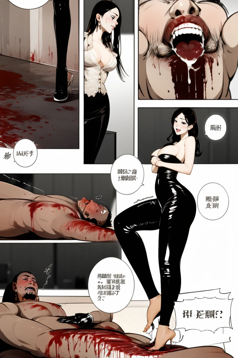 comic storyboard,realistic,3d,Unreal Engine 5,skin texture,anatomically correct,1beautiful girl, long hair,smile,barefoot,lace top,sexy, shiny leggings, thin gap,camel toe,high heels,cleavage,crossed legs,large breasts,leg tattoo,long hair,smile,toenails,) standing,trample,cuts,defloration,indoor,couple,femdom,hetero,saliva , mucus,femdom,blood on clothes,blood on hands,blood splatter,open mouth,kneeling man,sit,trembling man,dead man,sit,bruise man,lying man,man cum,bleeding man,(masterpiece, best quality:1.2)