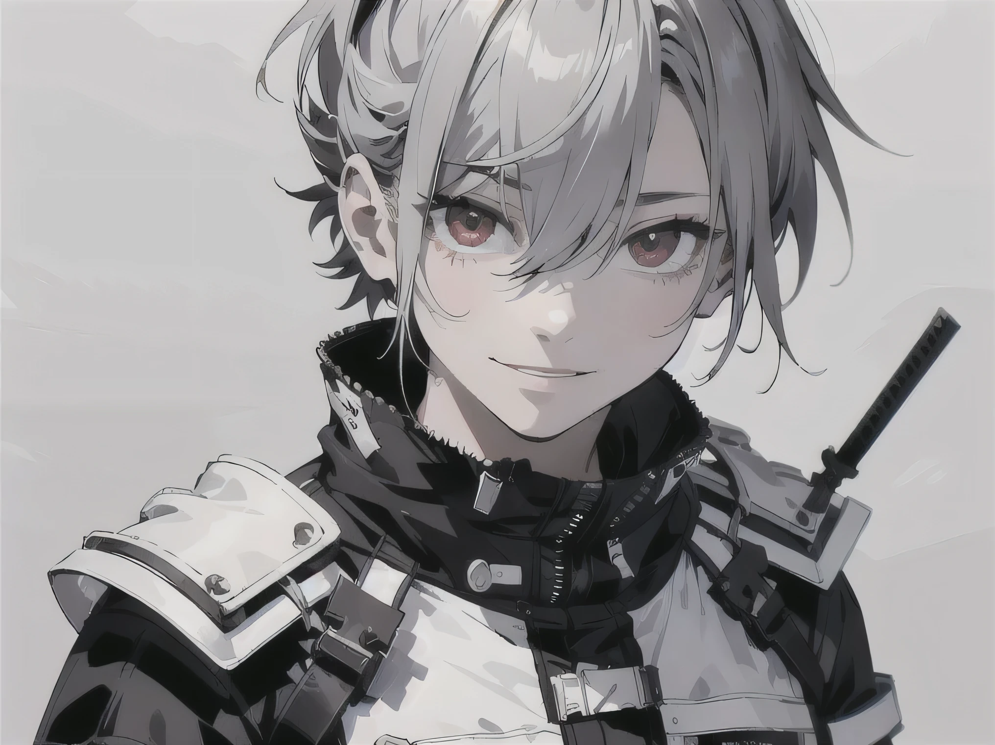 [[[[white background]]]], [[[Girls]]], absurd solution、highest resolution、(masterpiece:1.4)、very detailed、from above、Adonis, masterpiece, Acceleration_nffsw, (expressionless:1.2), (smile:1.3), crutch, silver hair,exaggerated red eyes shining, photo taken up close, very detailed, (dark:1.3), dark, faint, nffsw, illustration, dirty