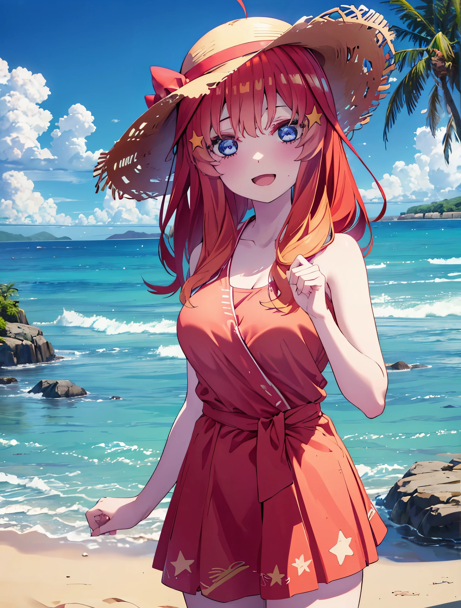 itsukinakano, itsuki nakano, bangs, blue eyes, hair between eyes, Ahoge, redhead, star \(symbol\), hair ornaments, star hair ornaments,happy smile, smile, open your mouth,skirt,big straw hat,Red Bikini Swimsuit,naked belly,A light red blanket is wrapped around his waist..., (beach salon),  big breasts,((salon)), beach outfit,real summer,Palm tree,Belly button soup,
break outdoors, beach,
break looking at viewer, (cowboy shot:1.5),
break (masterpiece:1.2), highest quality, High resolution, unity 8k wallpaper, (shape:0.8), (fine and beautiful eyes:1.6), highly detailed face, perfect lighting, Very detailed CG, (perfect hands, perfect anatomy),