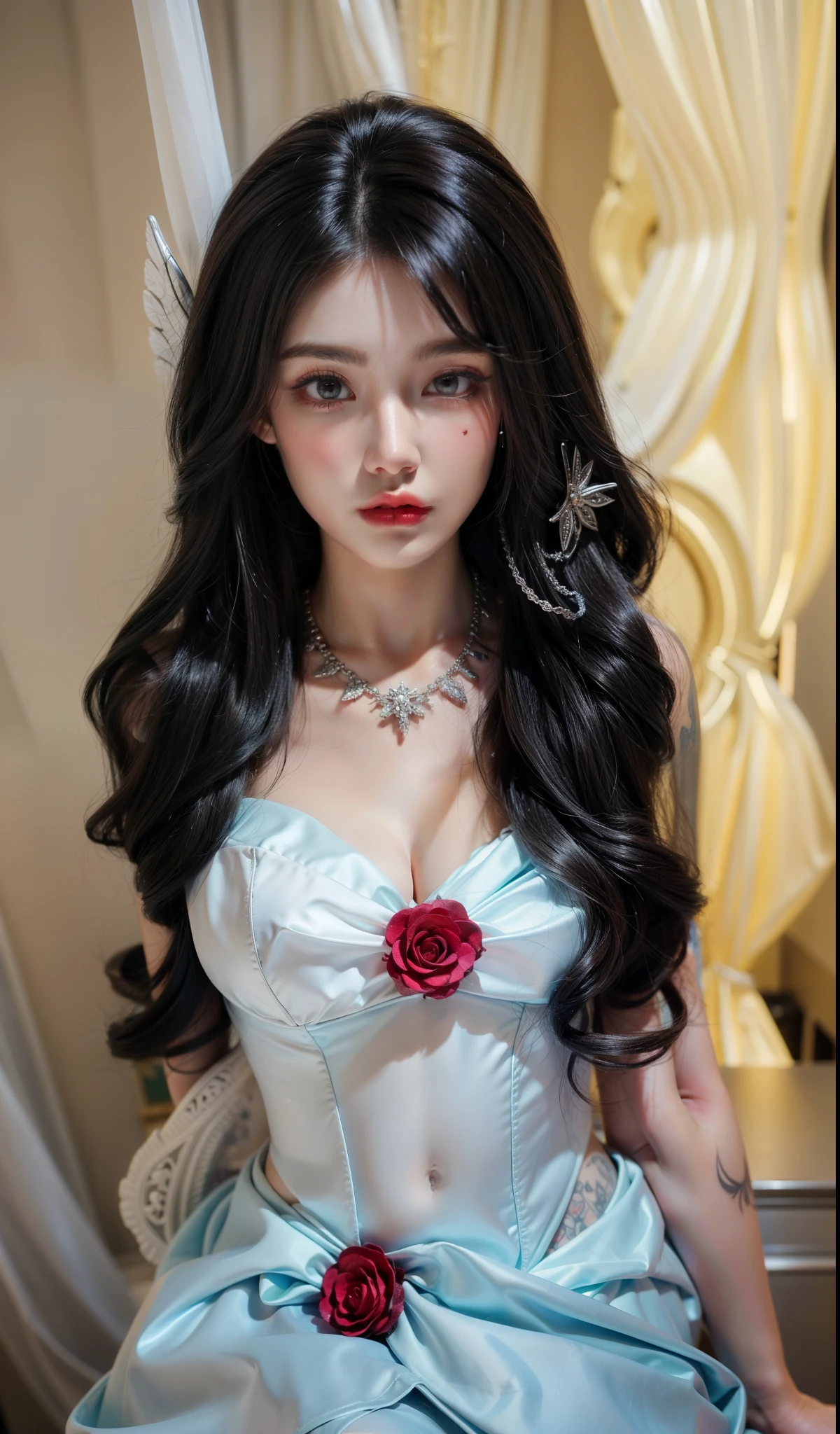 Royal sister,super detailed, Detailed face, movie stock photography , Portrait 400, F1 camera lens.6, colorful, surreal, Realistic texture, dramatic lighting, film alembic 800 (8K, original photo, better quality, masterpiece: 1.2), super detailed, (highly refined skin: 1.2), 8K Ultra HD, SLR camera, soft light, high quality.Frozen queen,Succubus,fallen angel,blue pupils,Apply red lipstick,luxury clothing,Gorgeous jewelry,The tattoo is very three-dimensional,Gorgeous and intricate costume designs,