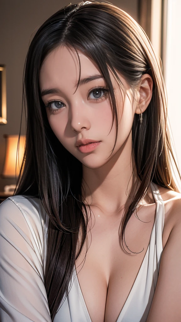 (Best Quality,8K,hight resolution,masutepiece:1.2),Ultra-detailed,(Realistic,Photorealsitic,Photorealsitic:1.37),30-years old、Infirmary、Perfect dynamic composition,Beautiful detailed eyes,Beautiful detailed lips,extra detailed face,Stunning suit,disheveled suit,White shirt,Sexy shot looking at camera,Career Woman