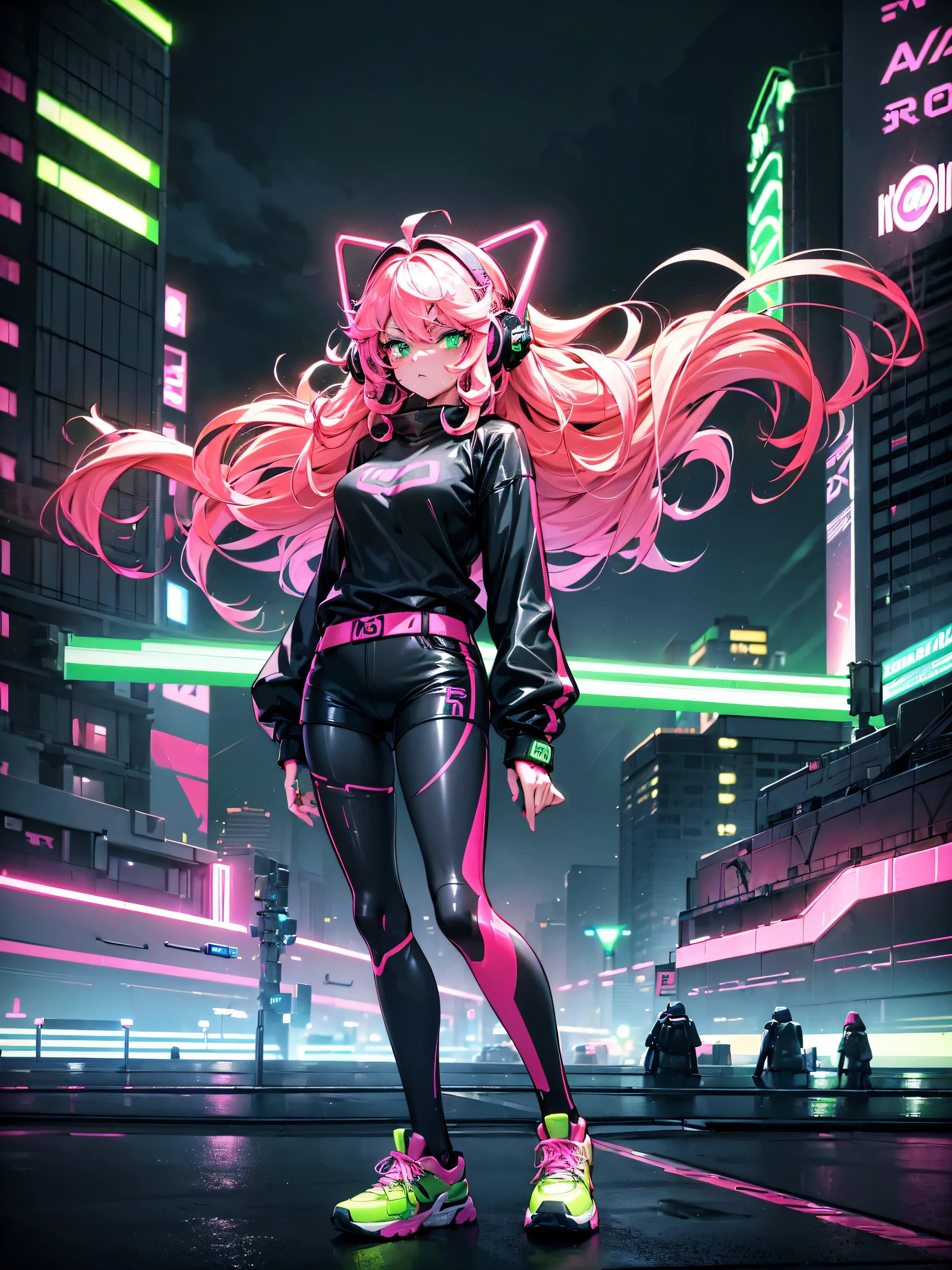 masterpiece:1.4, 1girl ((20year old, dressed in long sleeve shirt, tight black shorts, sneakers, medium breasts, multicolor pink hair, curly long hair, green eyes:1.4, Wearing headphones, looking towards camera, standing on a balcony:1.1 tall sci-fi buildings in background:1.1, neon and energetic atmosphere:1.2)) ((nighttime)) ((low camera angle, ground view)) ((solo:1.6))