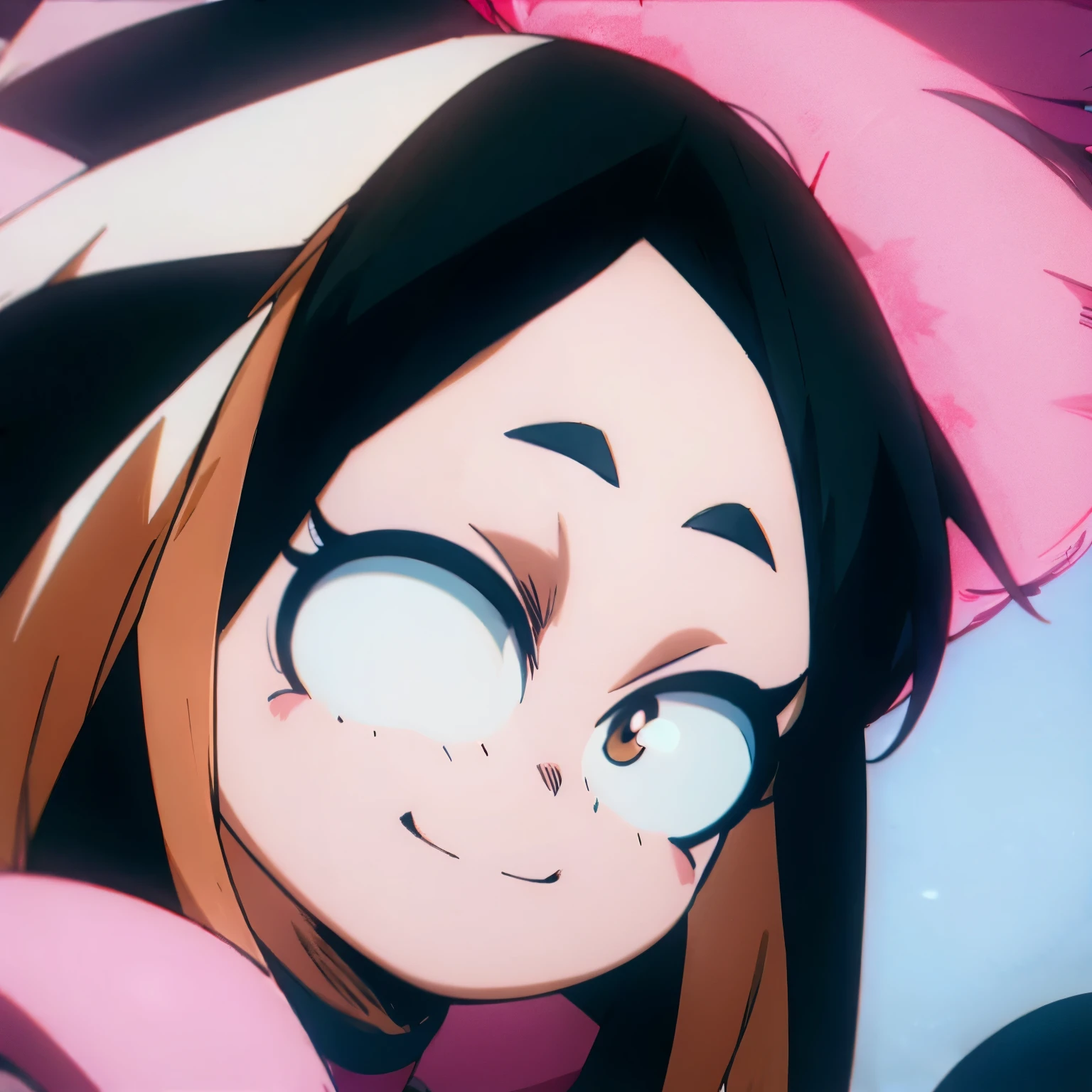 my hero academia anime style, Girl with pale skin, pelo corto negro con 2 colas de caballo, brown eyes and eyelashes, con un clip de panda en el pelo, sonriendo con bonitos labios rosados un poco sonrojados