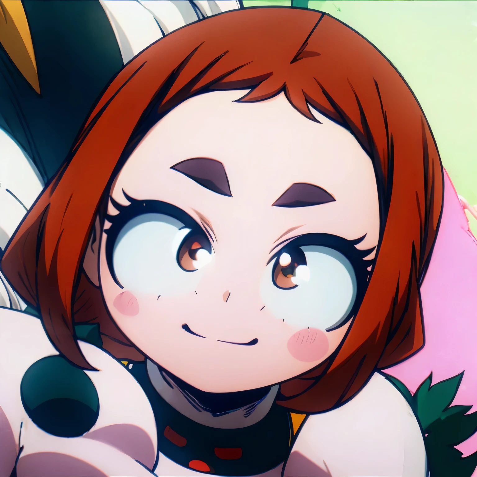 my hero academia anime style, Girl with pale skin, pelo corto negro con 2 colas de caballo, brown eyes and eyelashes, con un clip de panda en el pelo, sonriendo con bonitos labios rosados un poco sonrojados