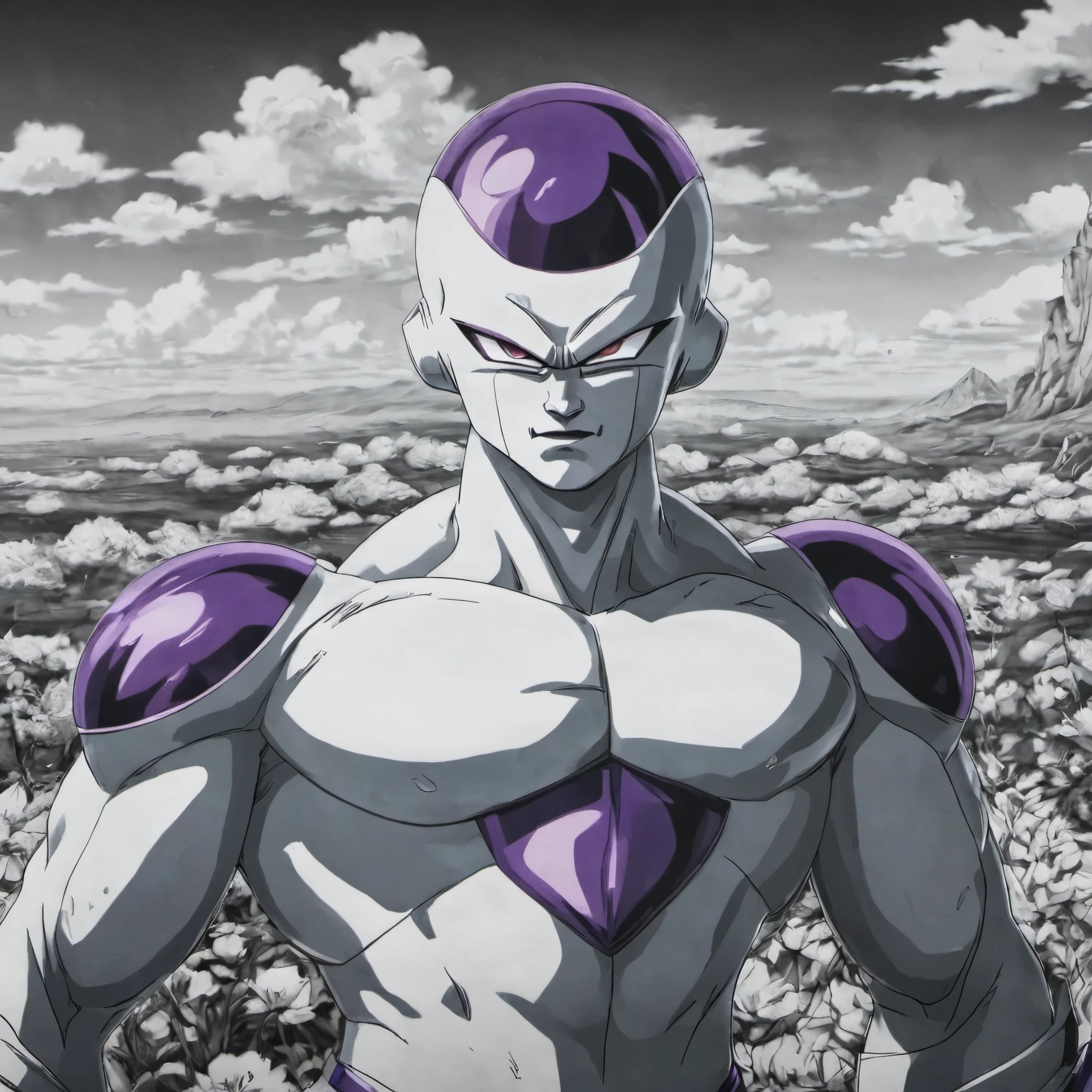 The image shows a powerful and fascinating character from the Dragon Ball series, Freezer. His intimidating appearance and defiant attitude convey a sense of strength and determination. The image captures the essence of this iconic villain, with his imposing physique and piercing gaze that seem to challenge anyone who stands in his way. It is a visually impressive high definition representation of this iconic character from the Dragon Ball franchise, set in space in the background