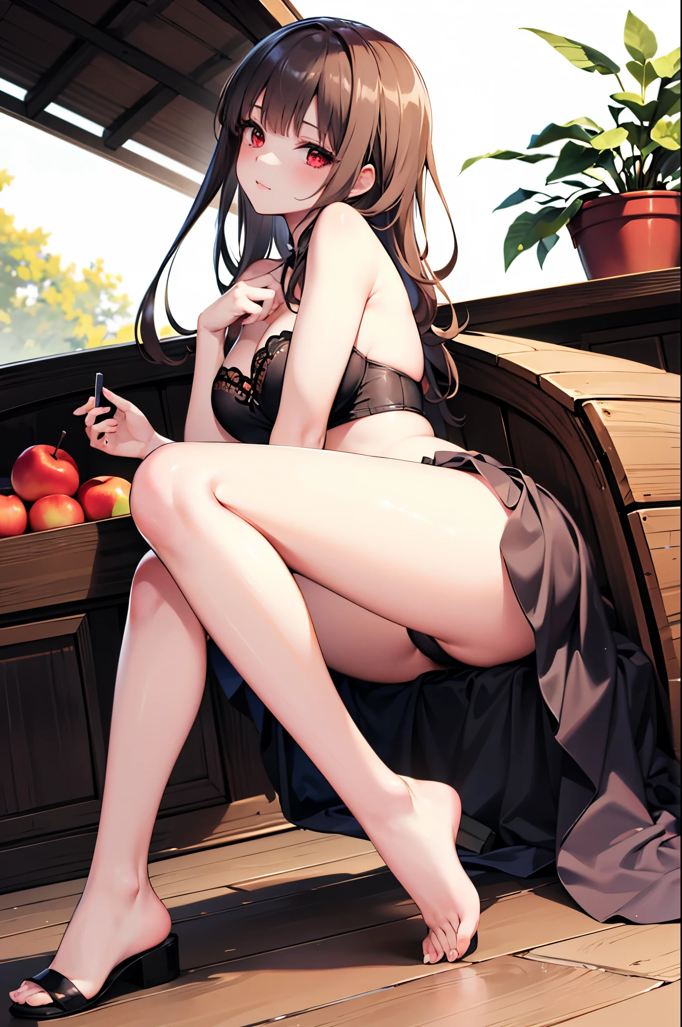 Realistic image, detailed image, coherent image. 1 beautiful girl. She has long, straight, brown hair. Red eyes, with long eyelashes. Sensual expression. She is dressed in a strapless top, pleated mini skirt. She has a curvy body, medium breasts, thick thighs. She is sitting with her legs open. showing her feet, she is on top of a carriage surrounded by apples. View from below. Arching her back. Soft focus, Dramatic shadows, Volumetric lighting, natural lighting. ISO:100