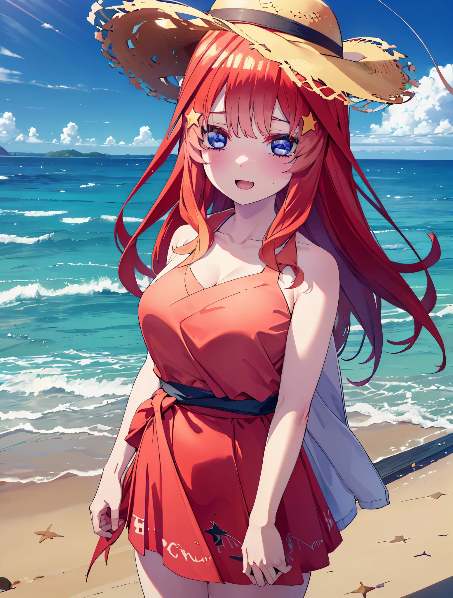 itsukinakano, itsuki nakano, bangs, blue eyes, hair between eyes, Ahoge, redhead, star \(symbol\), hair ornaments, star hair ornaments,happy smile, smile, open your mouth,Belly button soup,skirt,big straw hat,Red Bikini Swimsuit,naked belly,A light red blanket is wrapped around his waist..., (beach salon), big breasts,((salon)), beach outfit,real summer,Palm tree,
break outdoors, beach,
break looking at viewer, (cowboy shot:1.5),
break (masterpiece:1.2), highest quality, High resolution, unity 8k wallpaper, (shape:0.8), (fine and beautiful eyes:1.6), highly detailed face, perfect lighting, Very detailed CG, (perfect hands, perfect anatomy),