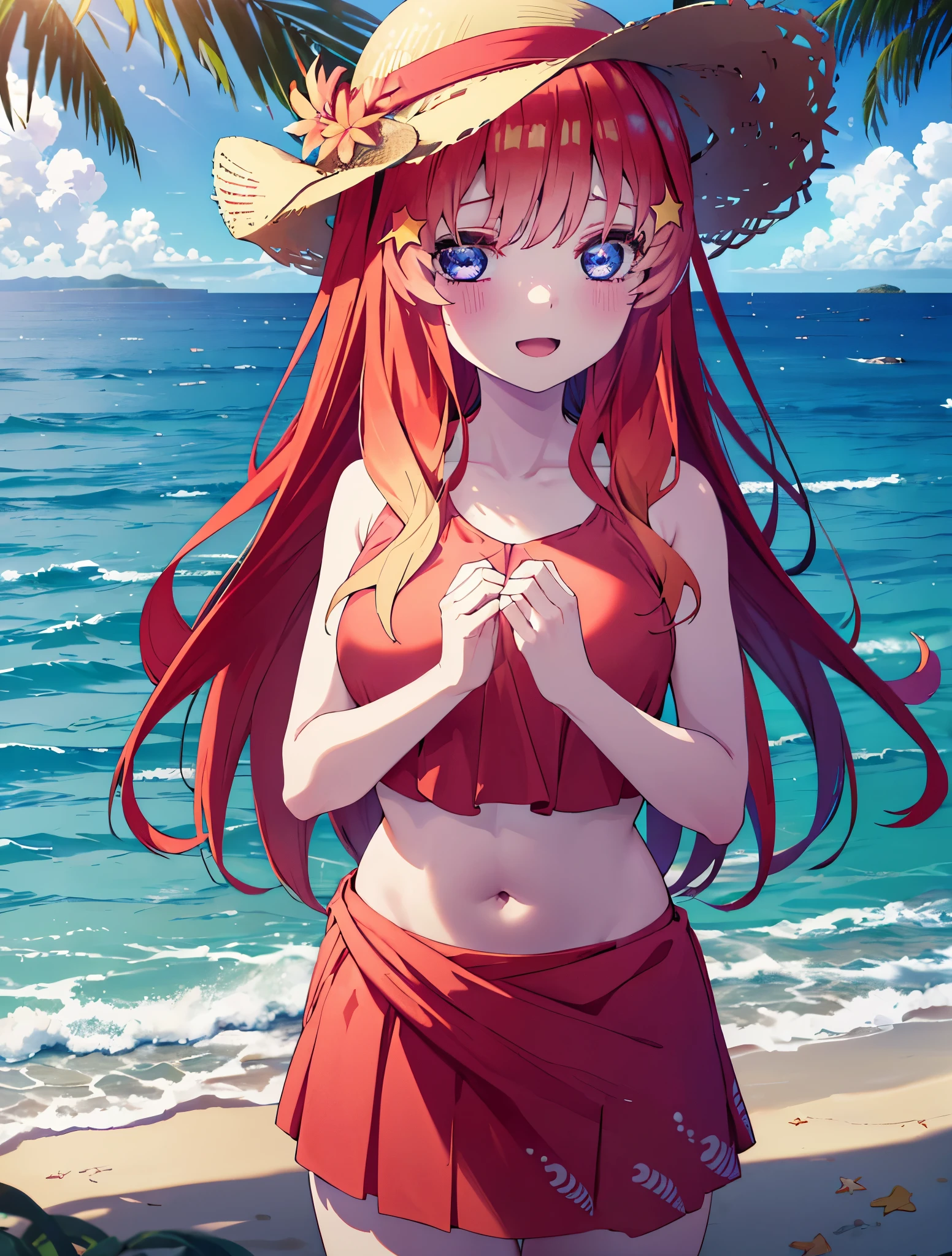 itsukinakano, itsuki nakano, bangs, blue eyes, hair between eyes, Ahoge, redhead, star \(symbol\), hair ornaments, star hair ornaments,happy smile, smile, open your mouth,Belly button soup,skirt,big straw hat,Red Bikini Swimsuit,naked belly,A light red blanket is wrapped around his waist..., (beach salon), big breasts,((salon)), beach outfit,real summer,Palm tree,
break outdoors, beach,
break looking at viewer, (cowboy shot:1.5),
break (masterpiece:1.2), highest quality, High resolution, unity 8k wallpaper, (shape:0.8), (fine and beautiful eyes:1.6), highly detailed face, perfect lighting, Very detailed CG, (perfect hands, perfect anatomy),