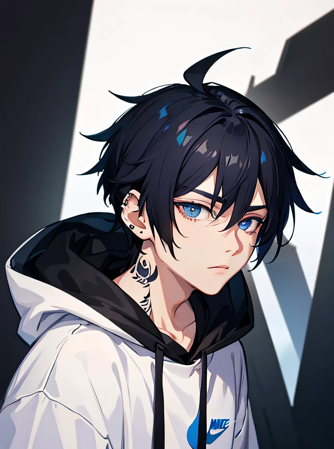 1boy,city,nike hoodie,blue eyes,using piercing,black hair,mullet haircut,tatto on neck
