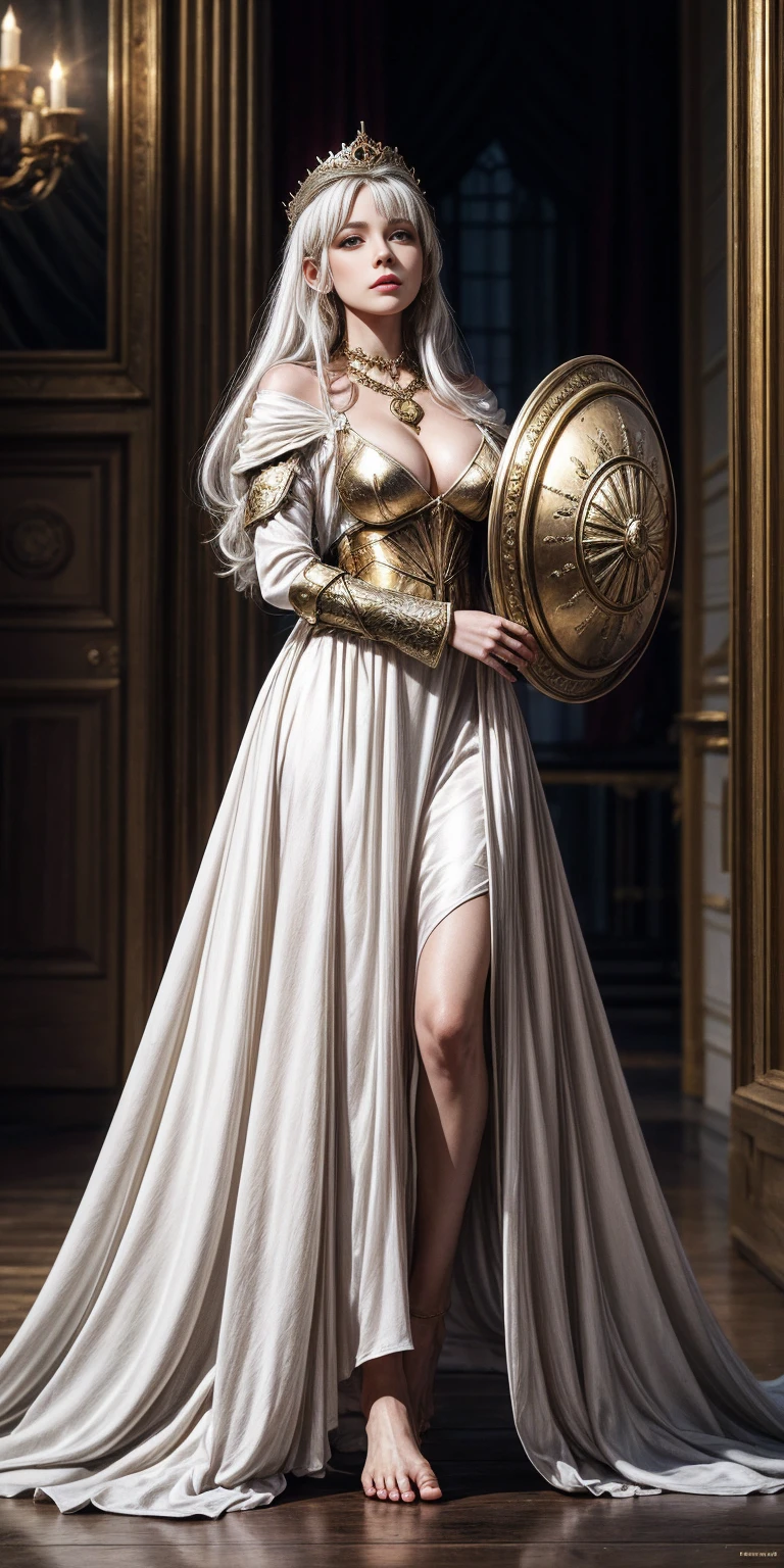 A female knight with Shield known as the Queen's Shield, best quality, masterpiece, white hair, gold eyes, white clothes, looking up but full body, full body, white silk dress with deep cleavage, bare feet, amber necklace,