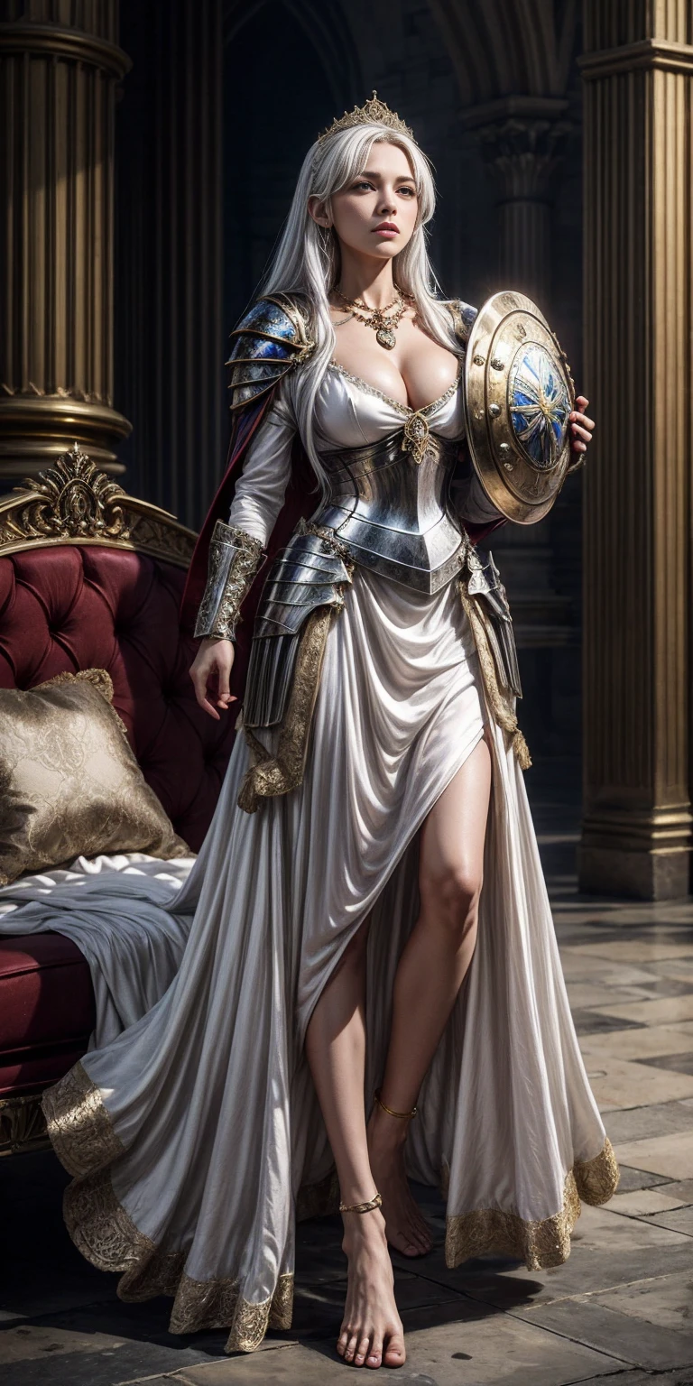 A female knight with Shield known as the Queen's Shield, best quality, masterpiece, white hair, gold eyes, white clothes, looking up but full body, full body, white silk dress with deep cleavage, bare feet, amber necklace,