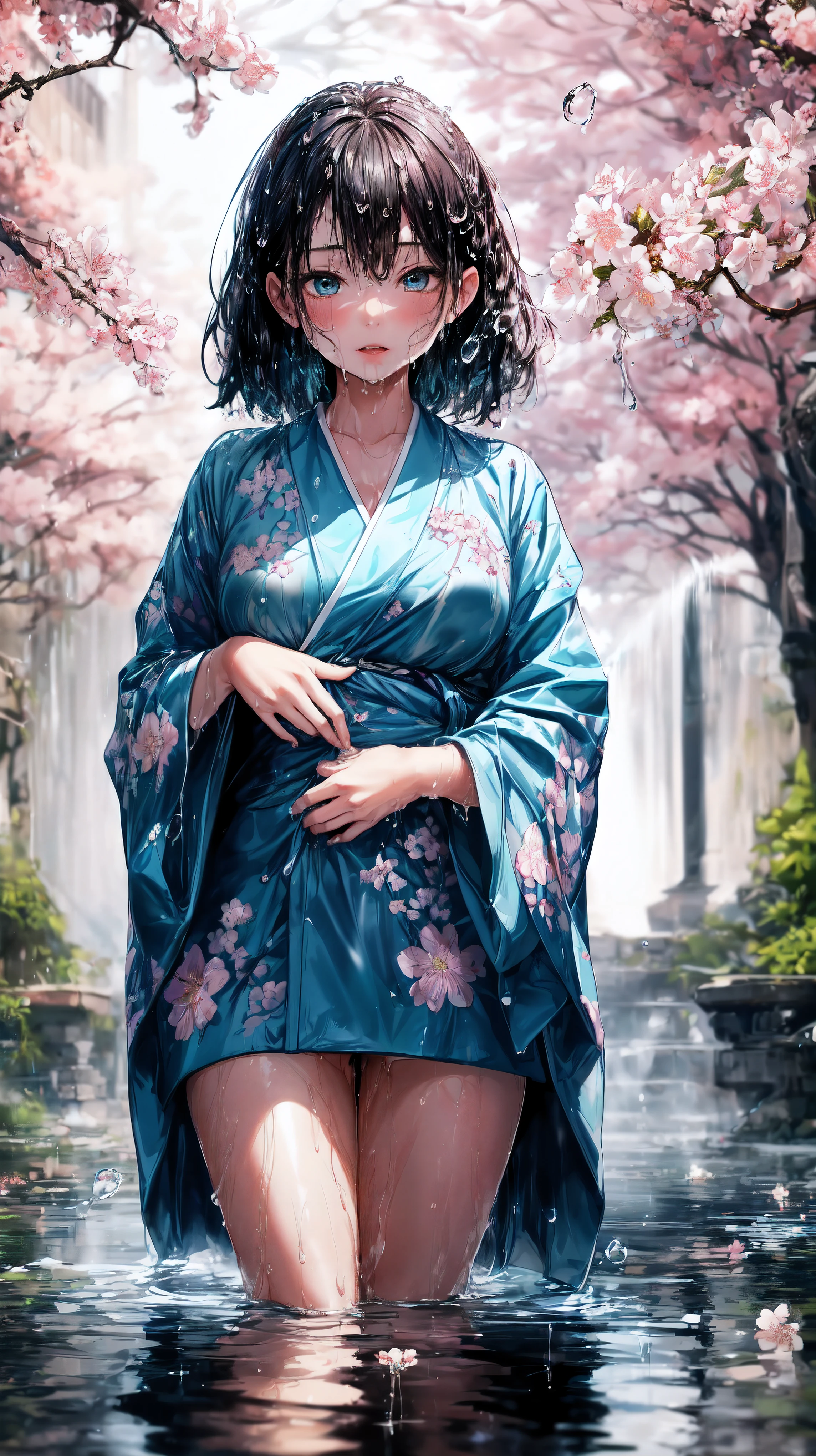(best quality,highres,ultra-detailed,Pixiv:1.37),1 girl, full body, ( girl:1.2), beautiful detailed eyes, beautiful detailed lips, girl wearing large teal kimono, beauty complex pattern on kimono, (wet, wet body, wet hair, wet skin, very wet kimono, reflection on the wet kimono, delicate cherry blossom embroidery, subtle water droplets:1.2), (water spray:1.1), (Cloth kimono, best kimono wrinkle, Transparent mucus wrapping), Voluminous hair, soft lighting, (portraits), vivid colors, calm expression, look at viewer, peaceful scenery, clean and fresh feeling,Beautiful and detailed water