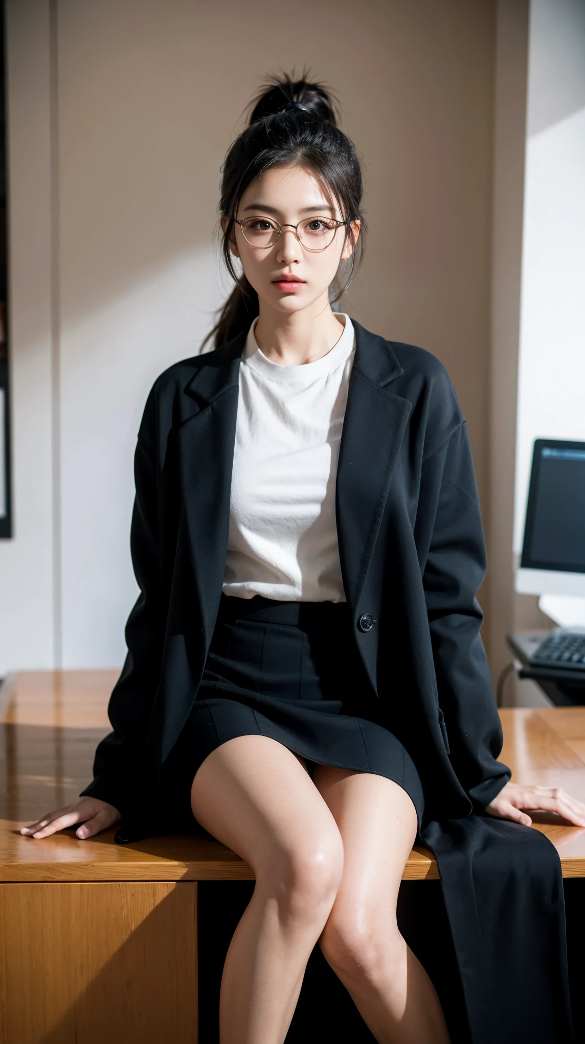 ((best quality)), ((masterpiece)), (detailed), (photorealistic:1.4), best quality, masterpiece, ultra high res, 1girl, (detailed face:1.2), (detailed eyes:1.2), (detailed hair:1.2), (detailed clothes:1.2), 4k, (detailed color:1.2), perfect face, beautiful body, pretty face, teenager female, perfect body, Ultra-high detail, Photorealism, Intimate atmosphere, flowing light, black straight hair, ponytail, glasses, wear a black coat, black coat, white uniform, polite uniform, black skirt, boss coat, sit on the table, office room, facing at viewer