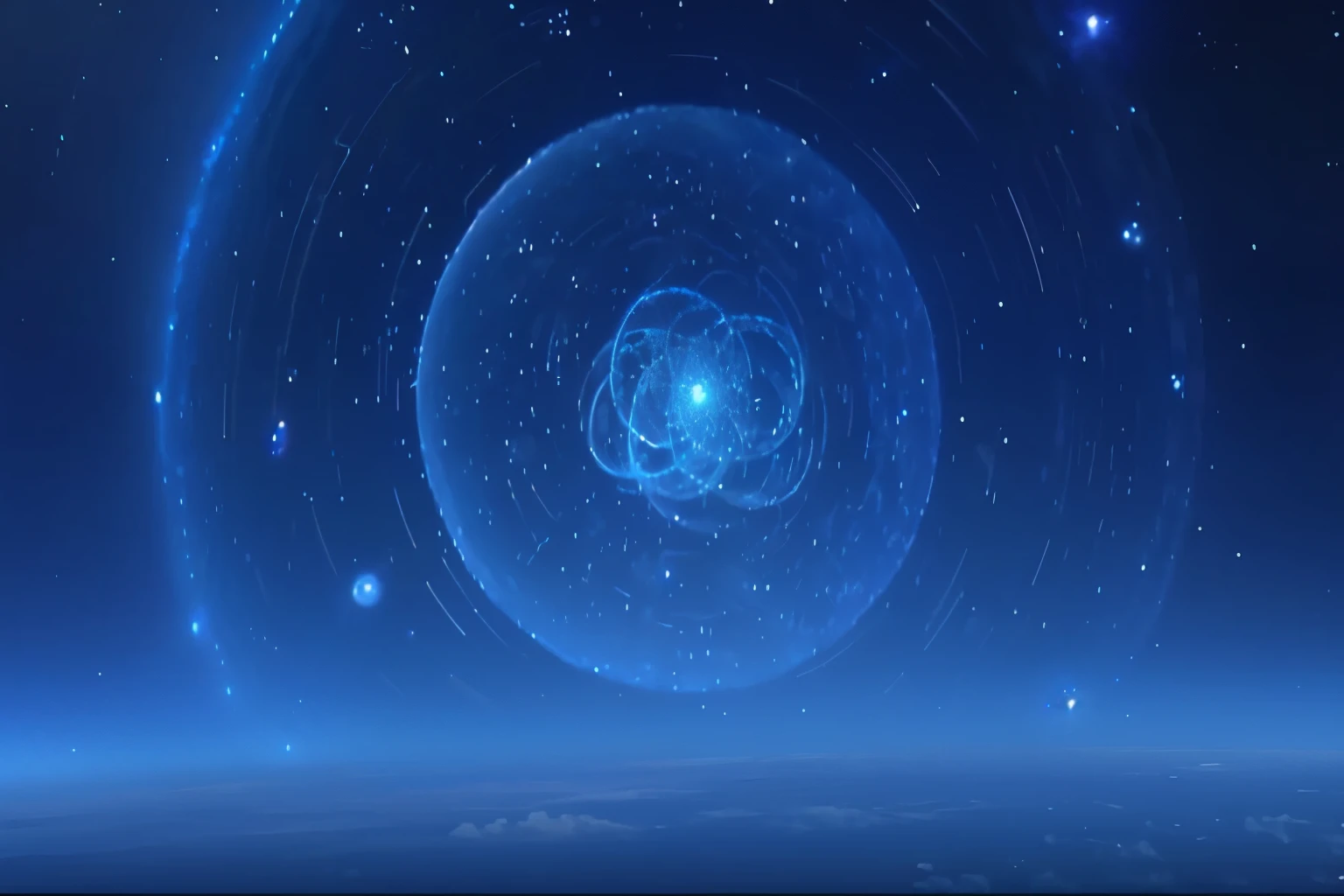 Close up of a blue background with a large spiral, cherenkov radiation, The background is an endless universe, Blue Planet Still, From StarCraft, photo of a dyson sphere, dyson sphere in space, broken sky movie, blue nebula, Blue atmosphere, Ethereal stills, Blue particles, Interstellar Infinite Portal, majestic interstellar portal, On the background of the Milky Way