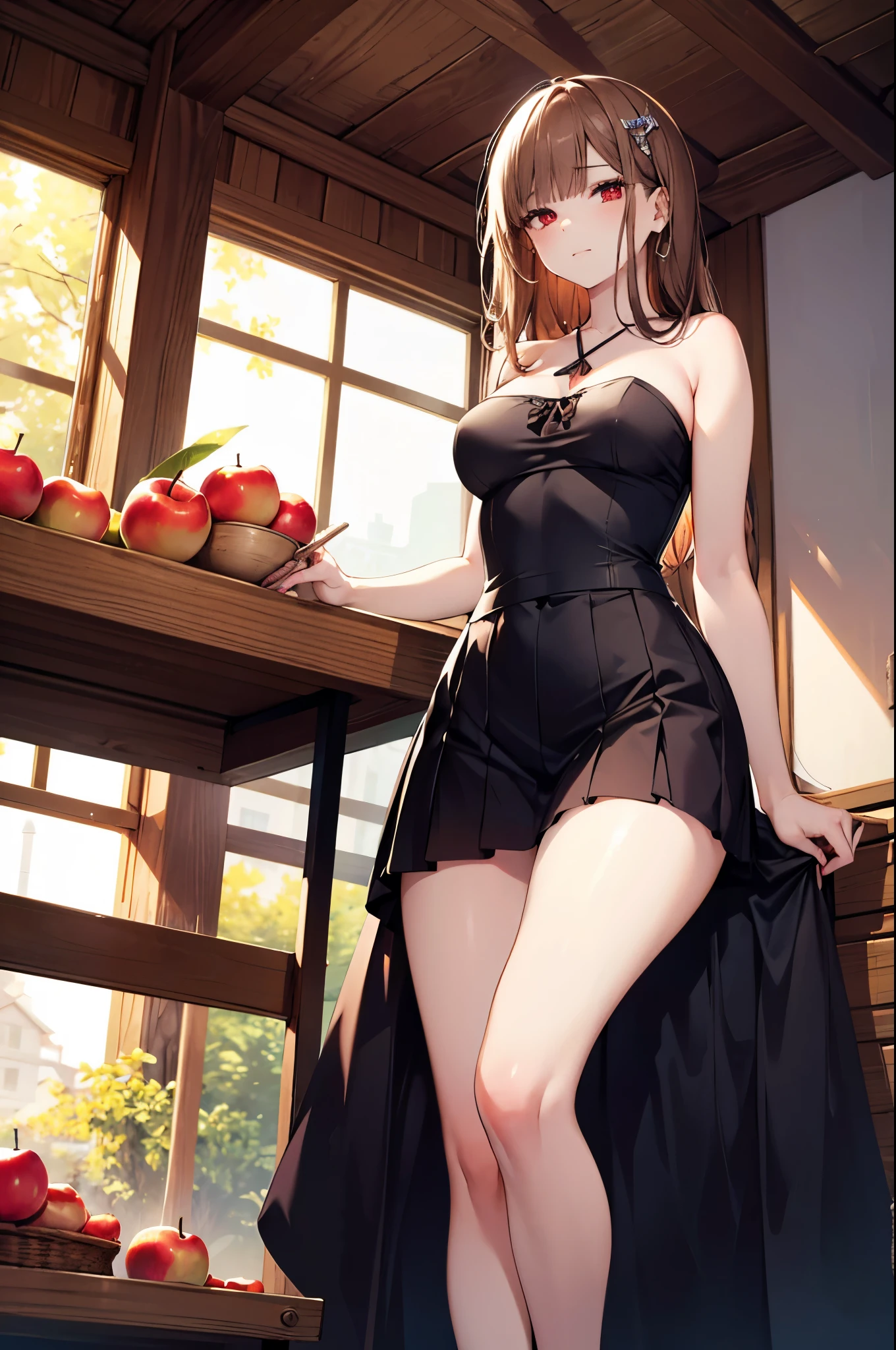 Realistic image, detailed image, coherent image. 1 beautiful girl. She has long, straight, brown hair. Red eyes, with long eyelashes. Sensual expression. She is dressed in a strapless top, pleated mini skirt. She has a curvy body, medium breasts, thick thighs. She is sitting with her legs open. showing her feet, she is on top of a carriage surrounded by apples. View from below. Arching her back. Soft focus, Dramatic shadows, Volumetric lighting, natural lighting. ISO:100