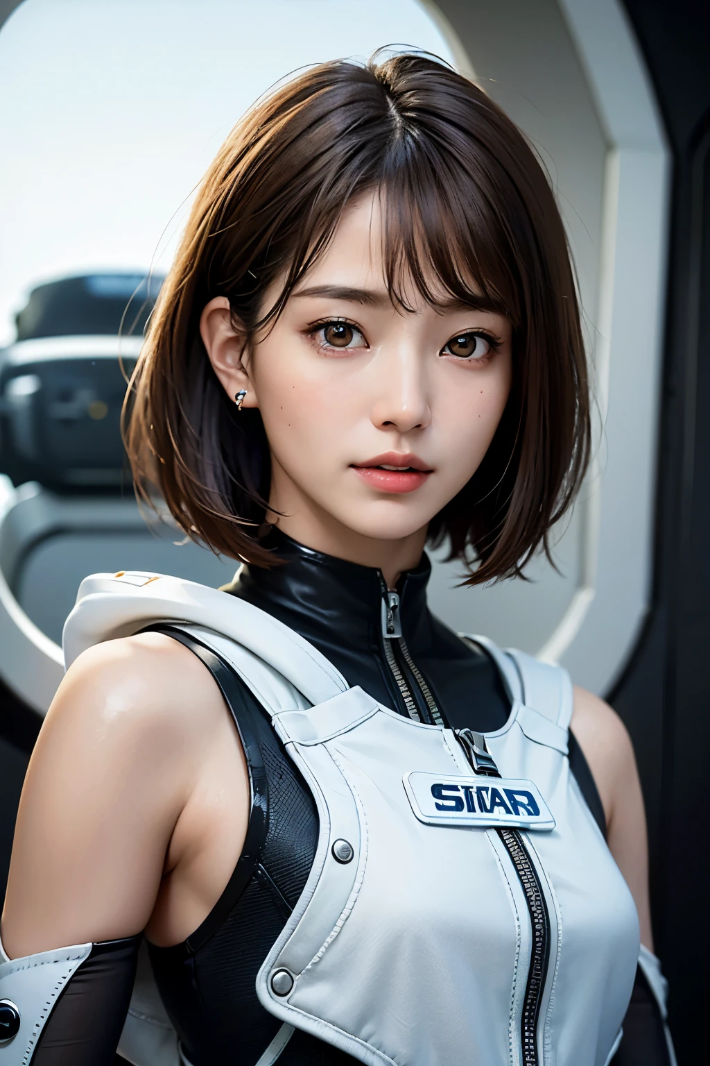 highest quality、masterpiece、ultra high resolution、(real:1.4)、Beautiful woman１、Beautiful details of eyes and skin、light brown short cut hair、small smile、Full space suit、space station、spaceship、cloudy sky、Sci-Fi Taste、film grain、