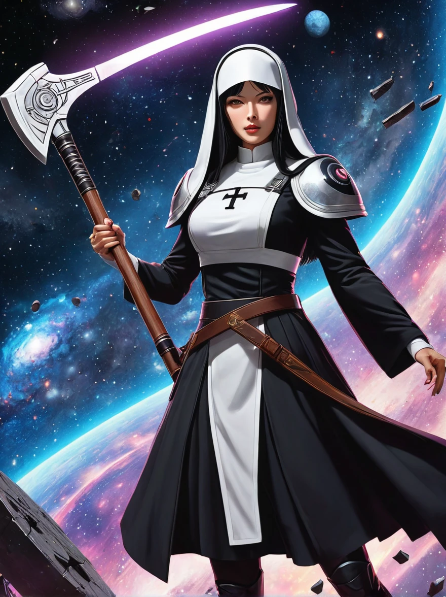 Fantasy game nun anime image, Wielding the Galaxy Axe, Galaxy print on the battle axe, Wearing black nun costume, Easing background, The art of math, Super detailed, Super detailed, HD, masterpiece, best quality