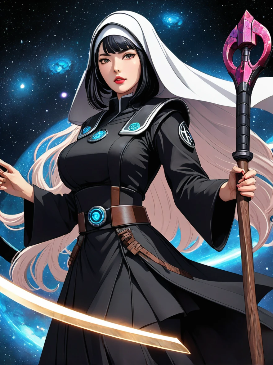 Fantasy game nun anime image, Wielding the Galaxy Axe, Galaxy print on the battle axe, Wearing black nun costume, Easing background, The art of math, Super detailed, Super detailed, HD, masterpiece, best quality