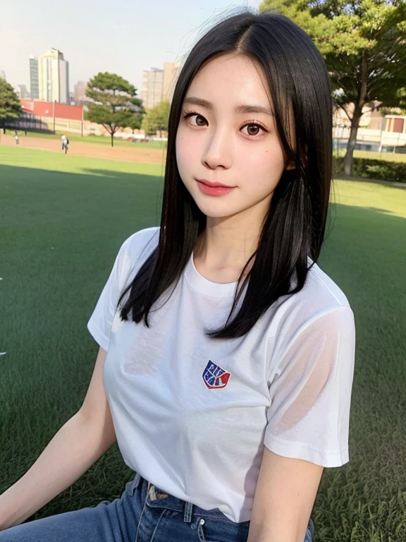 (kawaii 24 year-old Japanese girl, Nogizaka idol, Korean idol), healthy female athlete body, (glossy black hair, messy short hair, symmetric and even length hair:1.3), (forehead), (rounded face, black eyes, single eyelid, no makeup, soft smiling:1.2), (wearing over-sized t-shirt, skinny jeans:1.3), flat chest, extra small breasts, (looking at viewer:1.2), BREAK, (turf in the park background:1.3), (dynamic angle:1.3), face focus, BREAK, (masterpiece, best quality, photo realistic, official art:1.4), (UHD, 8K quality wallpaper, high resolution, raw photo, golden ratio:1.2), (shiny skin), professional lighting, physically based rendering, award winning, (perfect anatomy, highly detailed skin, extremely detailed face and eyes), Carl Zeiss 85 mm F/1.4, depth of field, 1girl, solo,