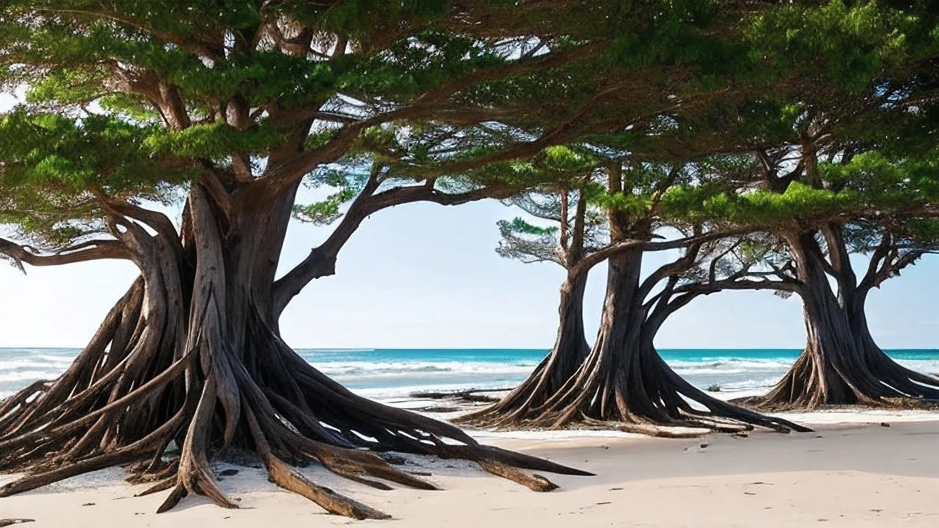 trees that have been washed up on the beach by the ocean, unfinished roots of white sand, incredibly beautiful, by Richard Gruelle, beach trees in the background, breath taking, breath taking beautiful, driftwood, enigmatic natural beauty, beautiful and ominous, gnarly trees, stunning photograph, old trees, surreal!!!, beautiful! coherent!, unbelievably beautiful, stunning sight