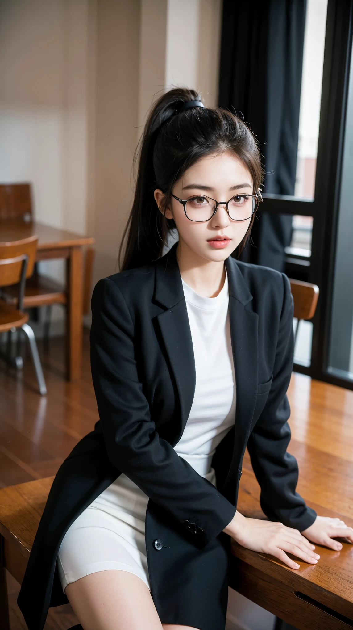 ((best quality)), ((masterpiece)), (detailed), (photorealistic:1.4), best quality, masterpiece, ultra high res, 1girl, (detailed face:1.2), (detailed eyes:1.2), (detailed hair:1.2), (detailed clothes:1.2), 4k, (detailed color:1.2), perfect face, beautiful body, pretty face, teenager female, perfect body, Ultra-high detail, Photorealism, Intimate atmosphere, flowing light, black straight hair, ponytail, glasses, wear a black coat, black coat, white uniform, polite uniform, black skirt, boss coat, sit on the table, office room, facing at viewer