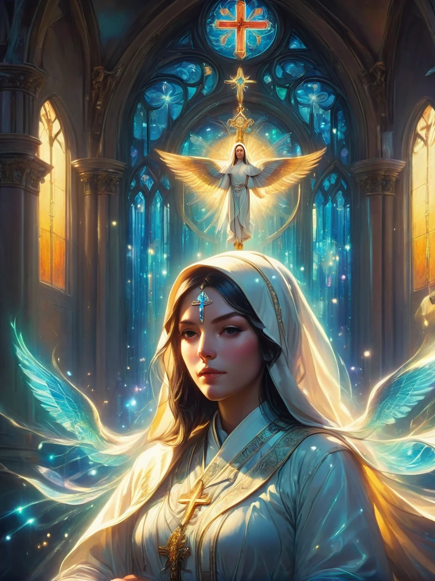 (nun in beautiful church:1.6), Religious atmosphere, stained glass windows, sacred tranquility, intricate details, peaceful atmosphere, calm expression, graceful posture, Sacred Silence, bright colors, Calm gaze, gentle brushstrokes, ethereal light, eternal beauty, quiet spirituality, Divine inspiration, Divine piety, thin coat of varnish, Composition with delicate brushstrokes, subtle shades, Charming atmosphere, divine light, religious icons, Peaceful solitude, enlightenment, devotional experience, Meditation of tranquility, deep tranquility, Realistic, Neon lights, (Liquid light background), (UHD), (8k), masterpiece, ccurate, anatomically correct, textured skin, super detail, high details, award winning, best quality