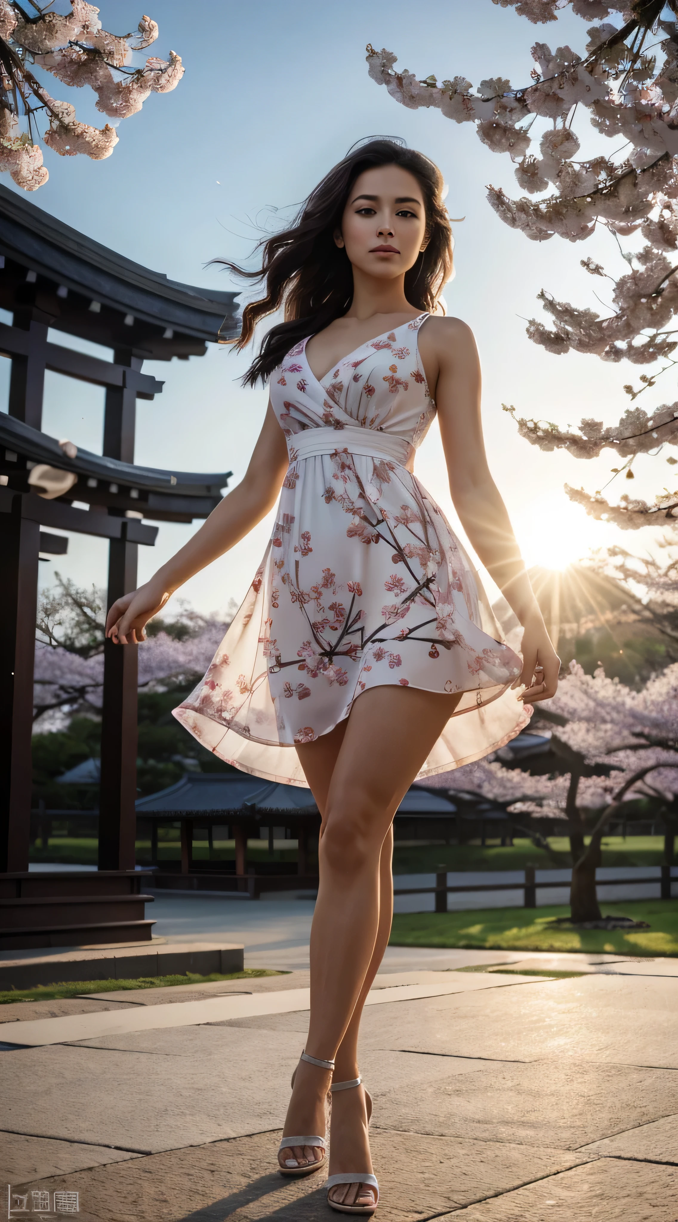 (Masterpiece, 8K, raw photo, amazing, top quality, photorealistic and highly detailed CG integrated 8K wallpaper, high definition, narrative poetry, particle effects, dynamic effects, written boundary depth, cinematic light, lens flare, ray trace), highly detailed, narrative poetry, particle effects, dynamic effects, written boundary depth, cinematic light, lens flare, ray trace), fantasy, (1 beautiful woman, dress, dress, cherry blossom pattern, dark hair, beautiful face, bare face, beautiful detailed eyes, beautiful skin), hair dancing in the wind, hair blowing in the wind, hair bouncing, Japanese shrine, stone torii gate, cherry blossom in full bloom, pink cherry blossom, petals dancing, cherry blossom snowstorm, stunning view, sunrise, sun in background, wind, wide angle lens pull image, beautiful long legs,
