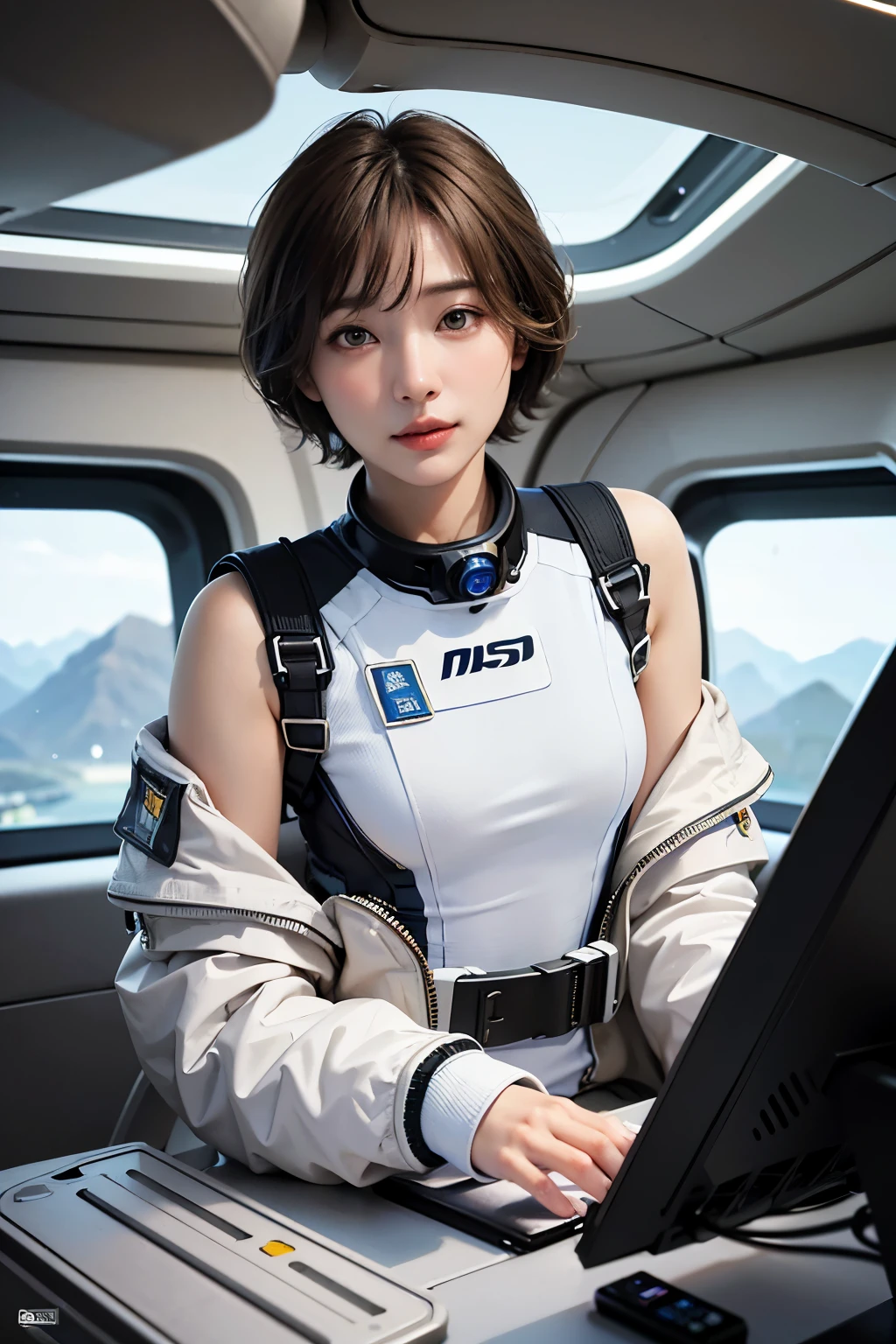 highest quality、masterpiece、ultra high resolution、(real:1.4)、Beautiful woman1、Beautiful details of eyes and skin、light brown short cut hair、small smile、Full space suit、space station、spaceship、Remains、cloudy sky、Sci-Fi Taste、film grain、