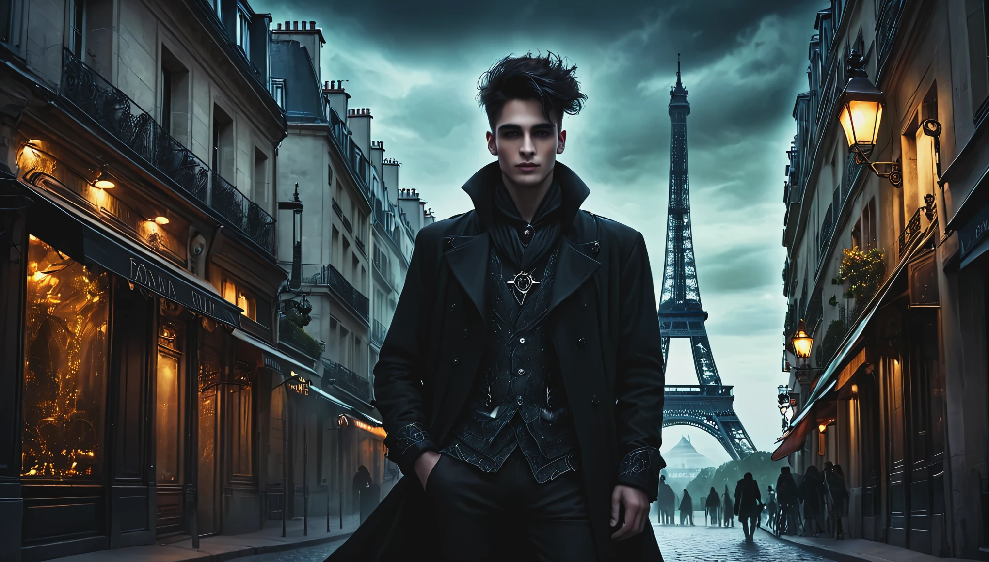 Guy in Paris in dark fantasy style