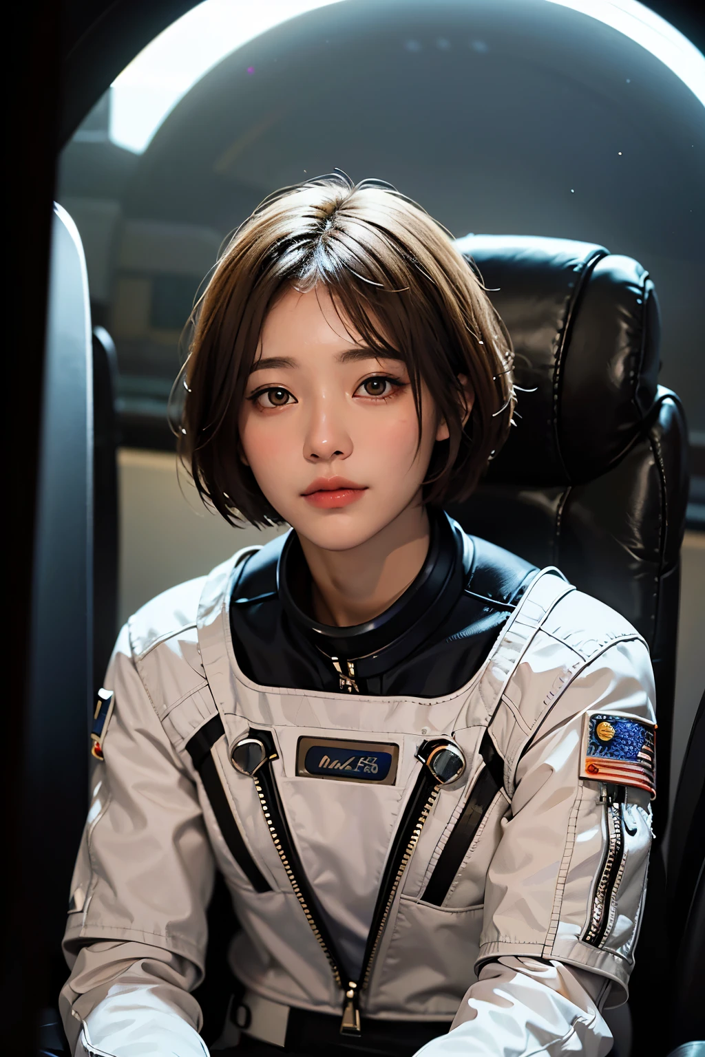 highest quality、masterpiece、ultra high resolution、(real:1.4)、Beautiful woman1、Beautiful details of eyes and skin、light brown short cut hair、small smile、Full space suit、space station、spaceship、Remains、cloudy sky、Sci-Fi Taste、film grain、
