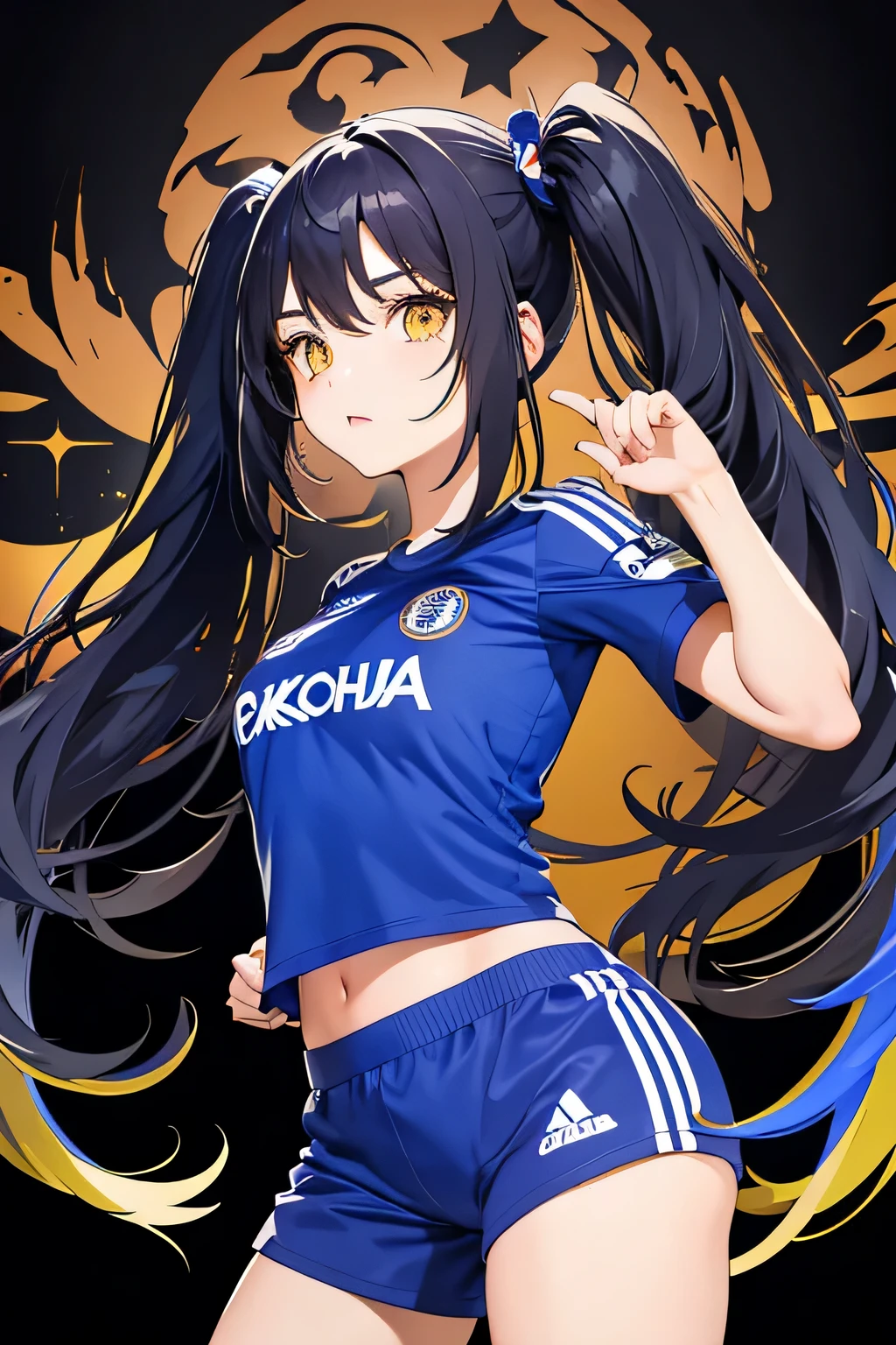 1girl,Chelsea football jersey,long hair,black hair,twintail hairstyle,yellow eyes,medium tits