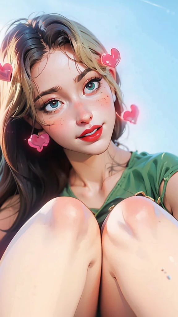 There is a woman in a green negligee and red lipstick, smiling sweetly, shut up, high quality, beautiful woman, highly qualified, 19 years old, profile photo, blonde and loose hair, knees and calves visible, not wearing.