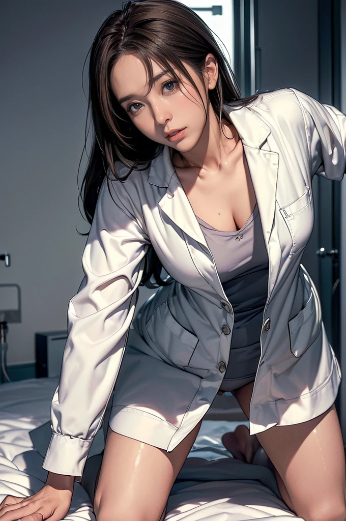 (Best Quality,8K,hight resolution,masutepiece:1.2),Ultra-detailed,(Realistic,It&#39;s photorealistic,photorealistic:1.37),30-years old、Infirmary、(((Beautiful dental hygienist)))、(((Appearance during treatment)))、(Don't wear panties)), (((Leaning forward to look into the patient)))、(((Independent lab coat)))、(8K、top-quality、​masterpiece:1.2)、(reallistic、photorealistic:1.2)、 (((cross one's legs)))、(((Neat and clean lab coat)))、(((Kneeling and crossing)))、solo、hospitals、watching at viewers、(Sit up:1.5)、(((Hospital room)))、skirt by the, Nurse lab coat, sockes, A dark-haired, bblurry, bblurry