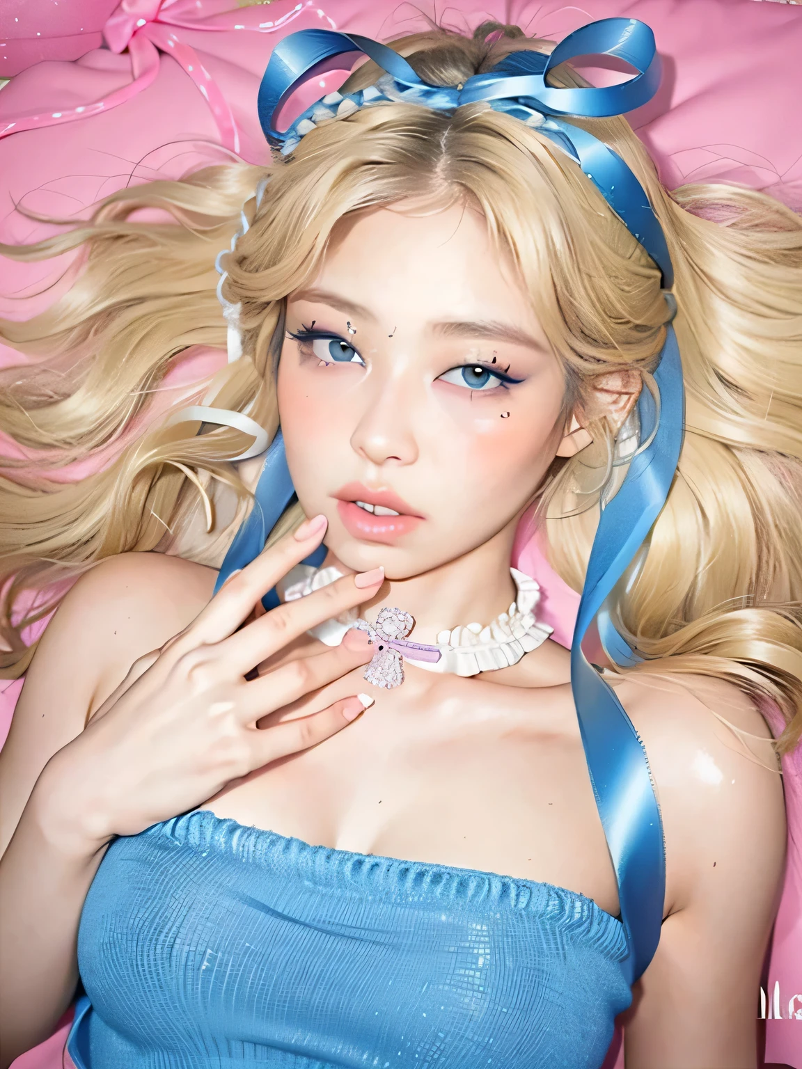 blond haired woman with blue dress and blue bow laying on pink bed, roseanne park of blackpink, belle delphine, aesthetic!!!!!! female genie, popular south korean makeup, lalisa manobal, portrait of jossi of blackpink, taejune kim, ulzzang, jaeyeon nam, ava max, plastic doll, popular korean makeup, doll face, jinyoung shin