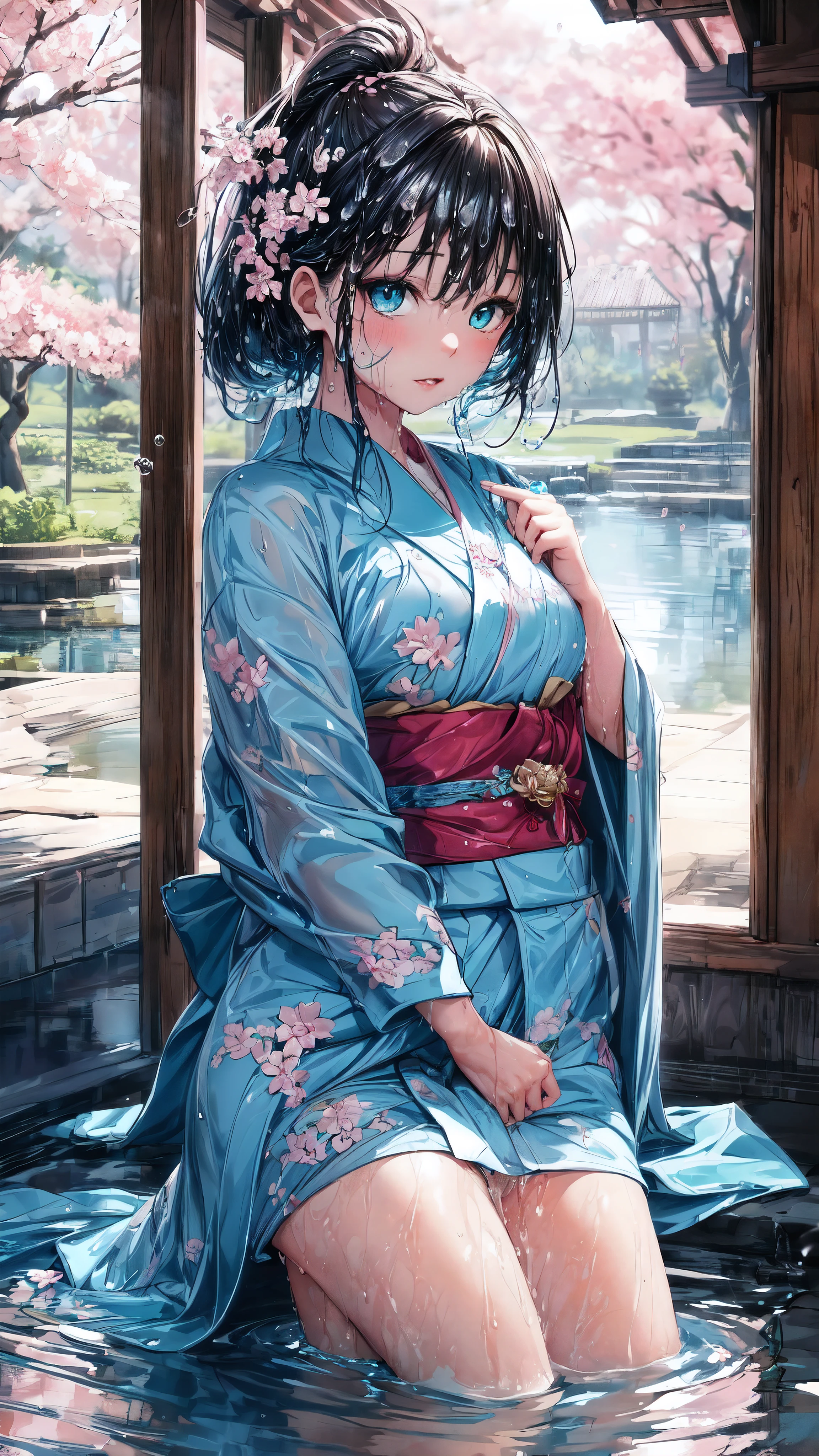(best quality,highres,ultra-detailed,Pixiv:1.37),1 girl, full body, ( girl:1.2), beautiful detailed eyes, beautiful detailed lips, girl wearing large teal kimono, beauty complex pattern on kimono, (wet, wet body, wet hair, wet skin, very wet kimono, reflection on the wet kimono, delicate cherry blossom embroidery, subtle water droplets:1.2), (water spray:1.1), (Cloth kimono, best kimono wrinkle, Transparent mucus wrapping), Voluminous hair, soft lighting, (portraits), vivid colors, calm expression, look at viewer, peaceful scenery, clean and fresh feeling,Beautiful and detailed water