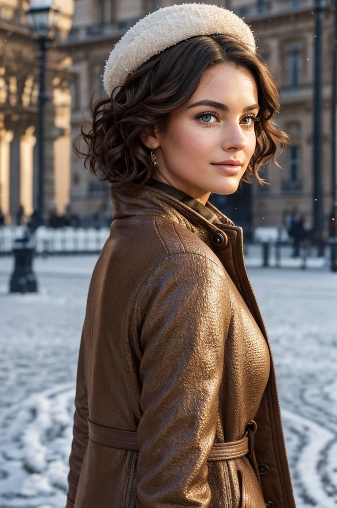 Breathtaking cinematic photo of a 25 year old girl with cheveux bruns and yeux marrons, Heureux, expression joyeuse, Closed mouth, beau lips, intricate details, faible profondeur de champ, Very detailed, high budget, epic Hollywood movie, Magnifique, chef-d'artwork, prime, professionnel, Very detailed, detailed skin texture, (rougir: 0.5), (chair de poule: 0.5). (the most beau woman in the world) (cheveux bruns) (short curly hair, les cheveux sauvages, elegant coupe) visage mince, nez fin, beau, very beau, parfait face, Mince body (Mince), (cheveux bruns) (yeux marrons ) (peau blanche) beau corps, face ouest, Yeux predators, pink lips, thick thighs. Tout le corps, Beauté occidentale, nez fin, beau, parfait, ((best quality)), ((ultra resolution)), ((photorealistic: 1.4)), (intricate details), parfait face, se maquiller: 1.5 , visage clair, facial details. The travel pattern is captured on a cool morning'winter near the Eiffel Tower. Elle is habillée d'an elegant way, manteau d'hiver chaud, foulard, et gants, son souffle visible dans l'air froid. Her hair is styled under an elegant wool hat. The ground is lightly sprinkled with snow, and the early morning light casts a serene glow on the tower. She enjoys the quiet beauty of Paris in winter.