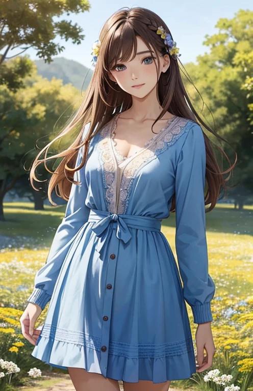 masterpiece、highest quality、High resolution、high quality images、8K, 1 female、skin luster、Texture of skin and clothing、Expression of fine eyes、shiny light brown hair,Girl with long braided hair, Corolla on the head , Manga inspired by Lee Jong-suk, trending on deviantart, realism, detailed manga style, manga art style, perfect line drawing, beautiful line drawing, digital manga art girl, K-POPアイドル, dress, beautiful blue eyes, plump lips, detailed gorgeous face, (cute smile), charm, innocent, Side view, (perfectly detailed face), (fine hands) photorealistic images, Depth of written boundary, Princess Hairstyles, autumn leaves, romanticism, (Corolla of hair), (Fashionable), Fair skin, (Delicate lace clothing), (レースdress), (cardigan), (skirt ), (V neck neckline), ((flower field background)), (full shot shot),